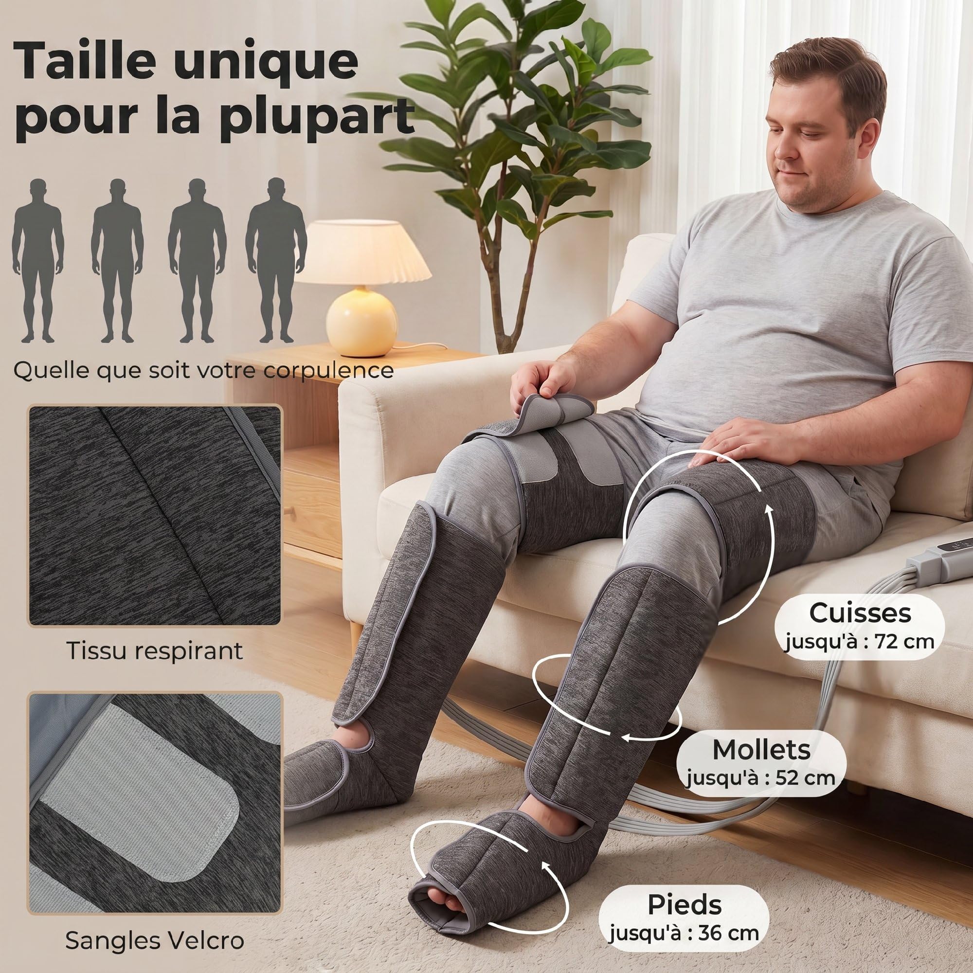 HOMCOM Masseur de jambes, masseur de compression pour les mollets, les genoux, les pieds avec chaleur, 3 modes automatiques, 3 intensités, soulage circulation/douleur, cadeau hommes/femmes