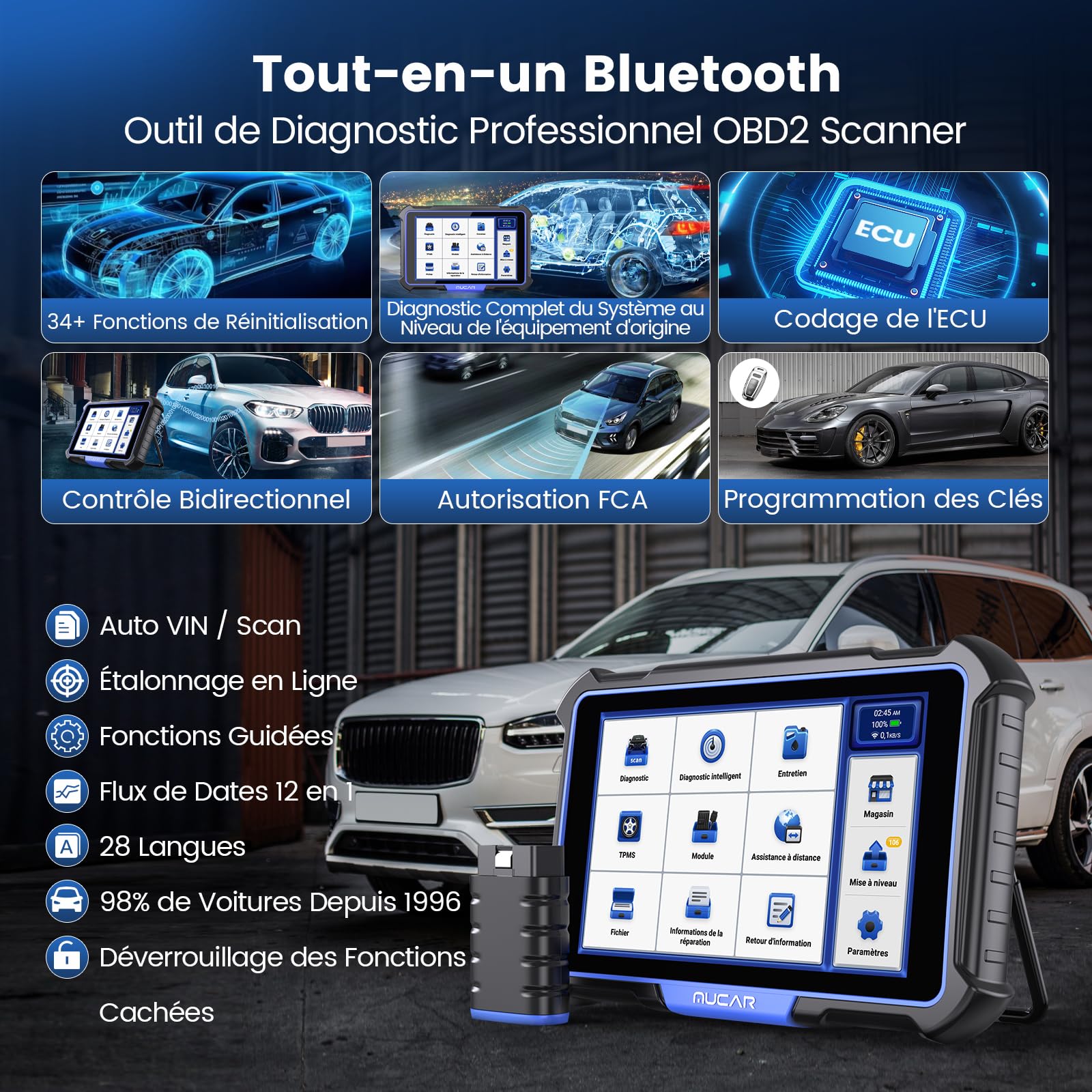 MUCAR VO8 Outil de Balayage Bidirectionnel, Diagnostic OE à l'échelle du Système, Codage ECU, Test Proactif, 34+ Services, FCA Auto Verification, Gratuit à Vie