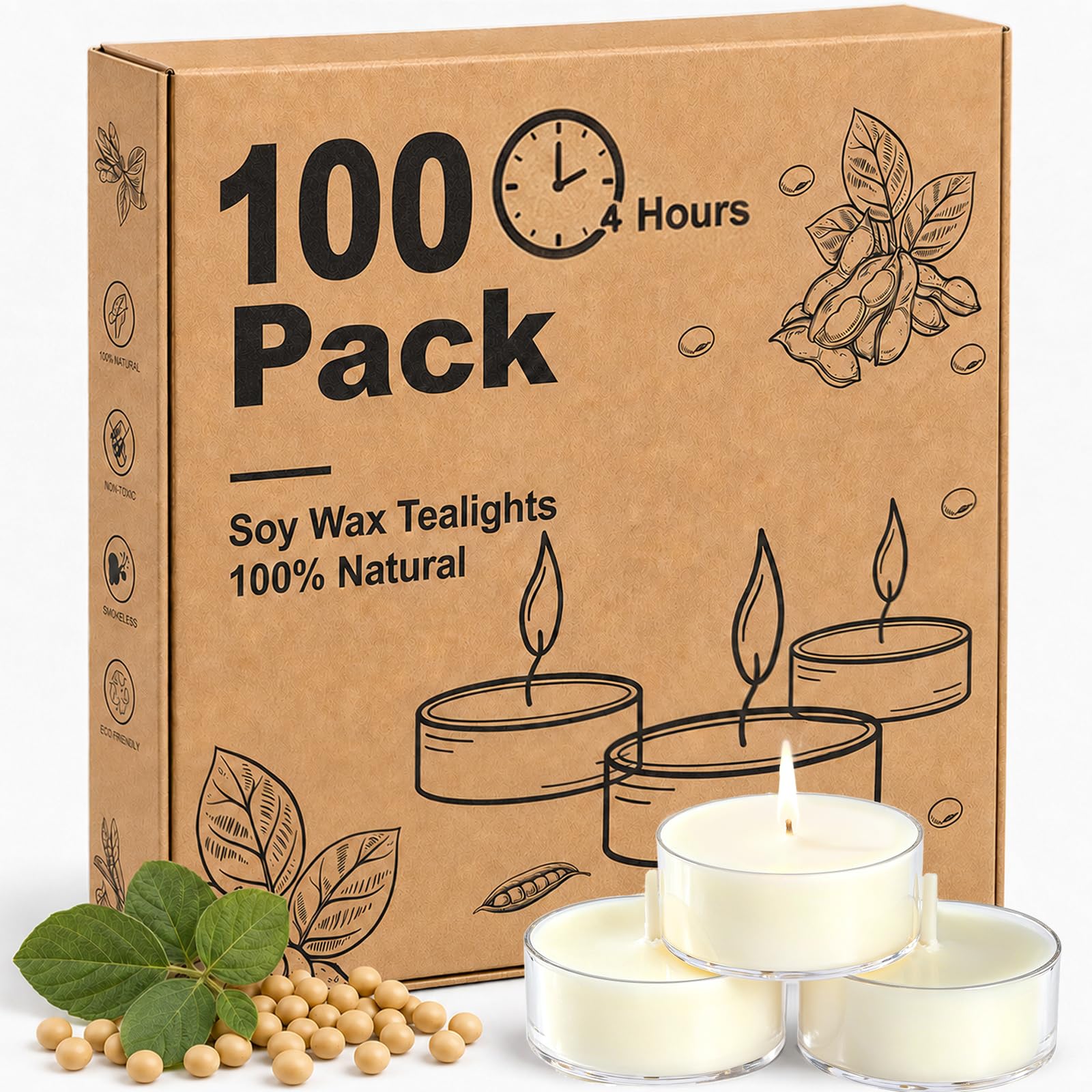Candele tealight in cera di soia, 100 pezzi, durata 4 ore, candele bianche senza fumo, atossiche, senza paraffina, in acrilico trasparente, per matrimoni, casa, emergenze e cene