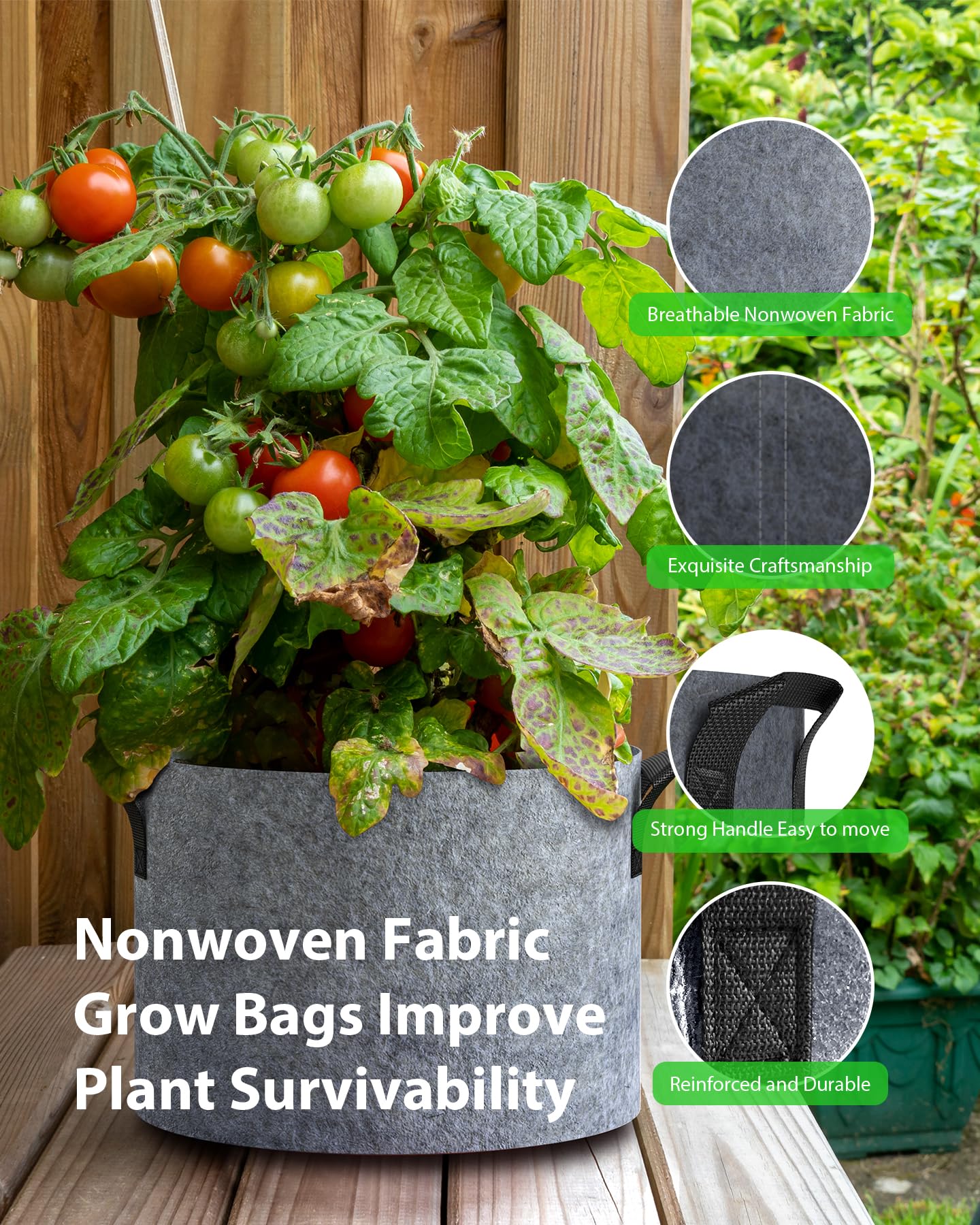 Paquete de 5 bolsas de cultivo gruesas de 15 galones, macetas de tela no tejida multiusos con asas duraderas, macetas de jardín al aire libre para frutas, verduras, flores, hierbas, plantas