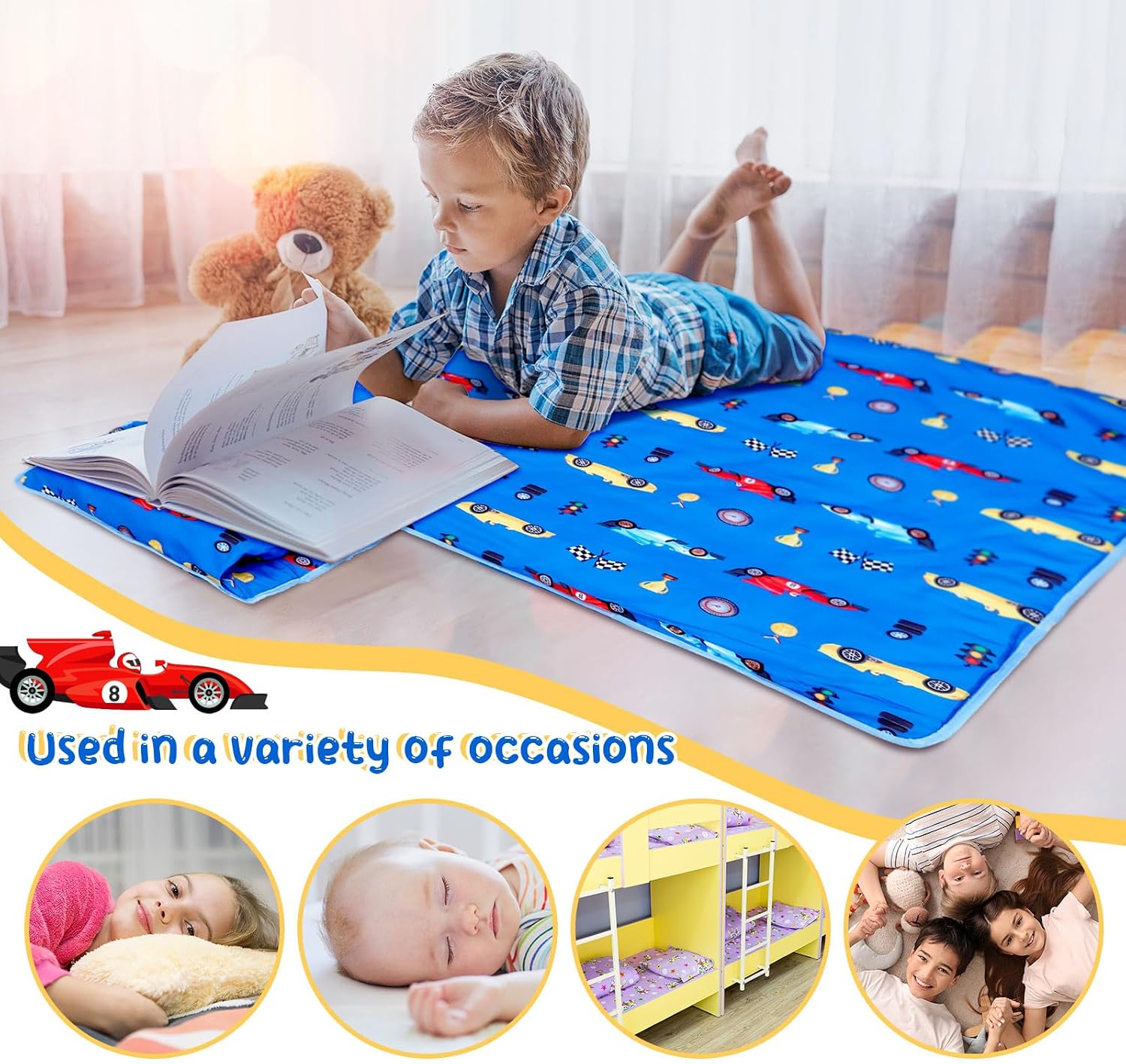 Newwiee Toddler Nap Mat with Pillow and Blanket Set, Toddler Sleeping Bag Rolled Sleep Mats for Girl Boy Preschool Daycare Travel Camping, 20" x 50" Fit Standard Cot
