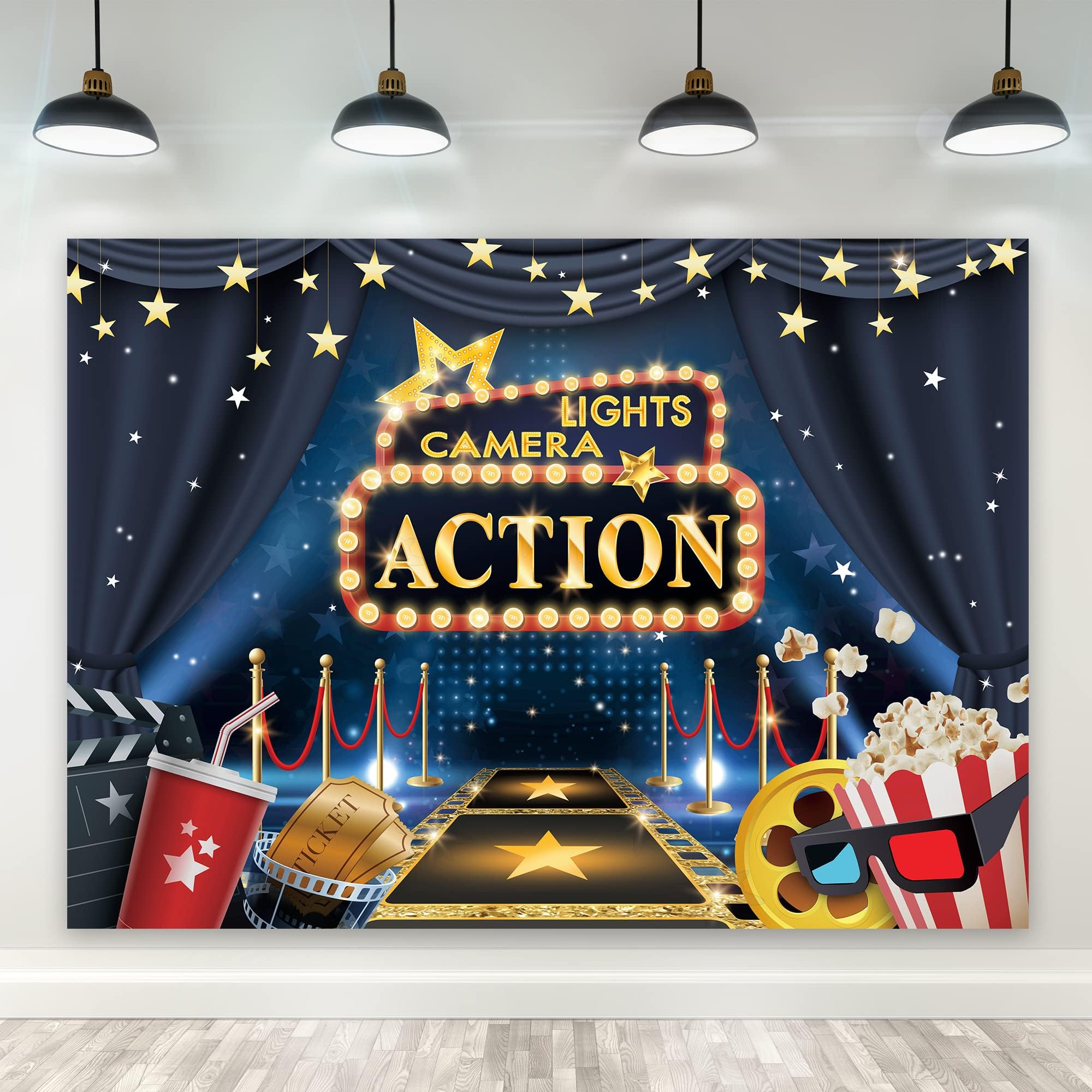 Riyidecor Hollywood - Movie Theme Backdrop Movie Night Cinema Happy Birthday Party 7Wx5H Feet Polyester Fabric Navy Gold Stars Lights Awards Film Ceremony Dress-up Banner Festival Studio Photo Shoot
