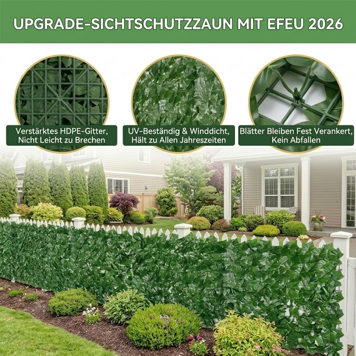 Künstliche Efeu Garten Sichtschutz,Balkon Sichtschutz,Künstliche Efeu Blatt Dekoration für Gartenhecken Balkon Außendekoration 100 x 300 cm