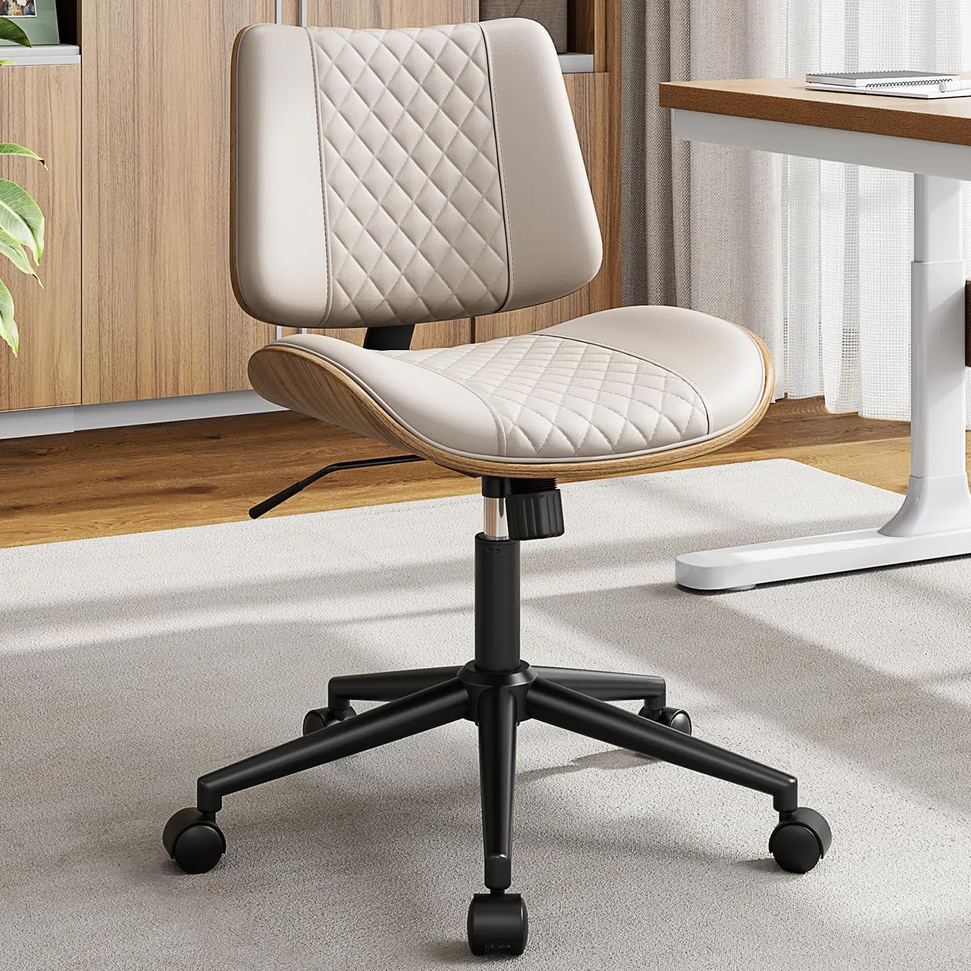 YaFiti Armless Office Chair, Mid Century Modern Desk Chair with Walnut Wood Back & SGS Level 3 Gas Lift, Swivel PU Leather Computer Chair for Small