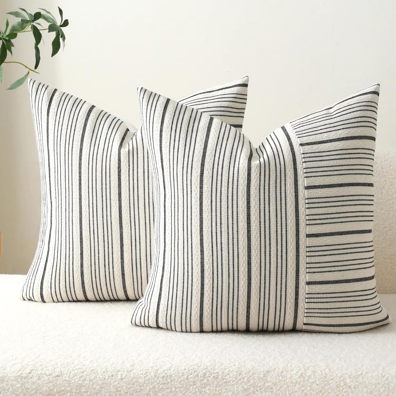 DWR Striped 3D Textured Weave Throw Pillow Covers 20x20 Set of 2 Polyester Cotton Blend in Black Modern