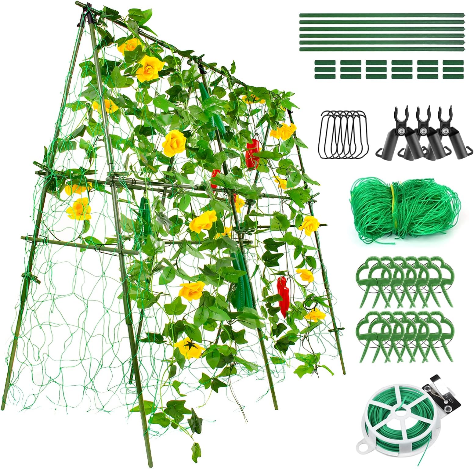 50 x 50 Inch Metal Garden Trellis for Climbing Plants Outdoor, Detachable Cucumber Trellis with Twist Ties, Net, and Clips for Outdoor Plant Vines Vegetables Flowers Fruits Tomato Pea Bean