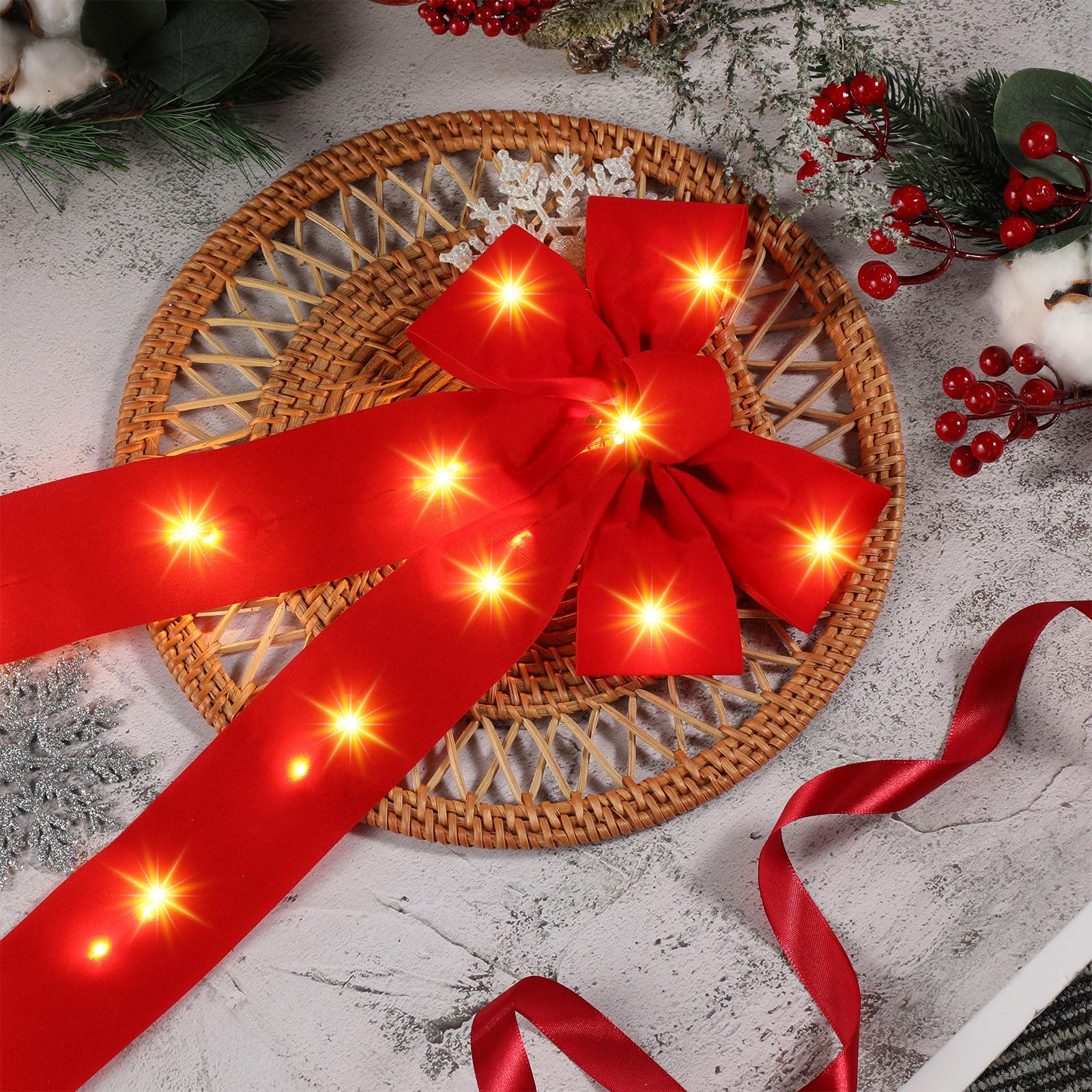 Crowye Lot de 12 nœuds de couronne de Noël à LED pour décorations d'extérieur - Nœuds de Noël en velours pour couronnes de Noël - Décoration de Noël (20,3 x 48,3 cm)