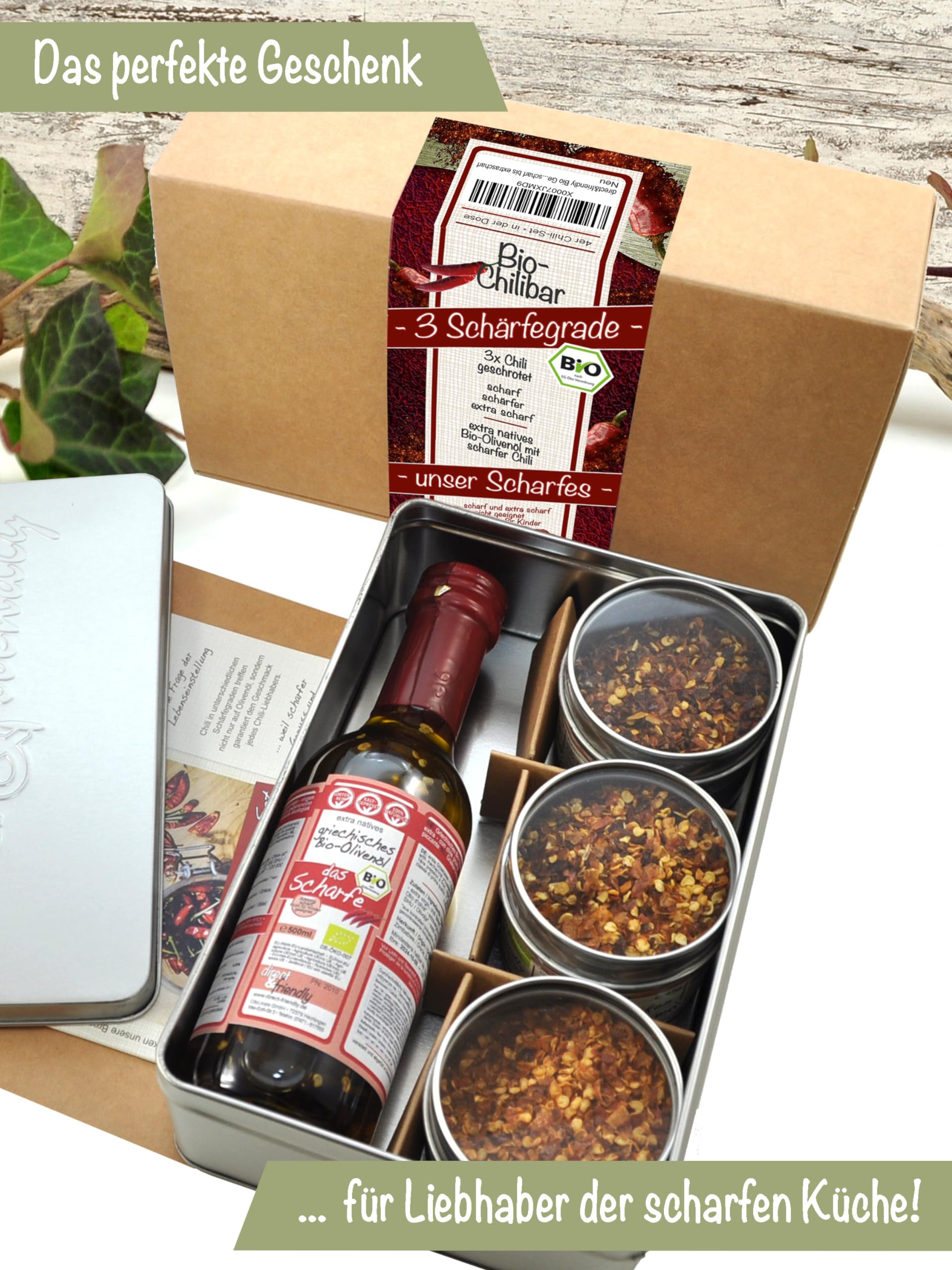Bio Chili-Olivenöl extra scharf & Chiliflocken 3 Schärfegrade Geschenkset