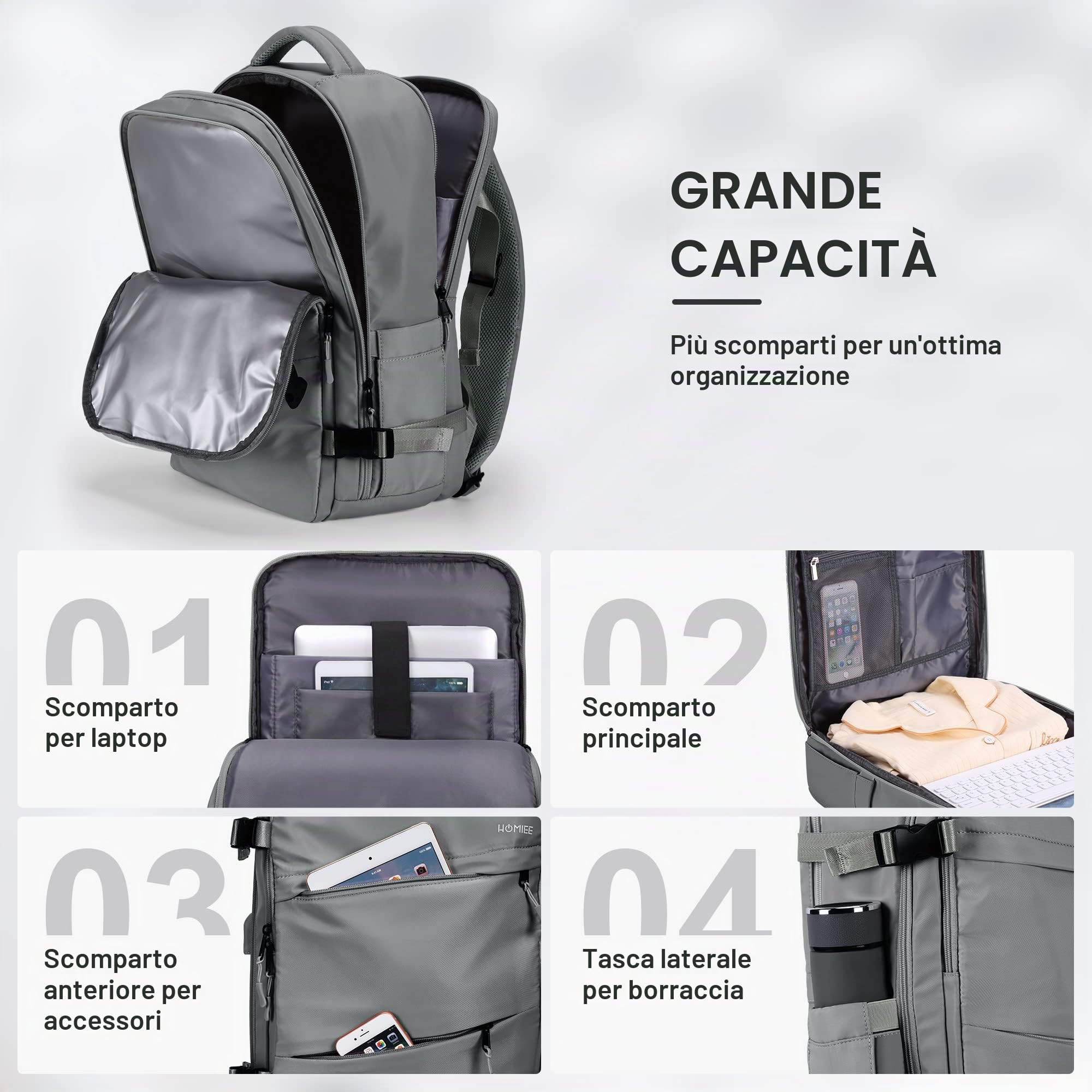 HOMIEE Zaino da Viaggio Aereo 32L Bagaglio a Mano 45x36x20 per Easyje Zaino Porta PC 15.6 Pollici Impermeabile Borsa da Cabina per Voli Antifurto per Scuola, Lavoro, Affari