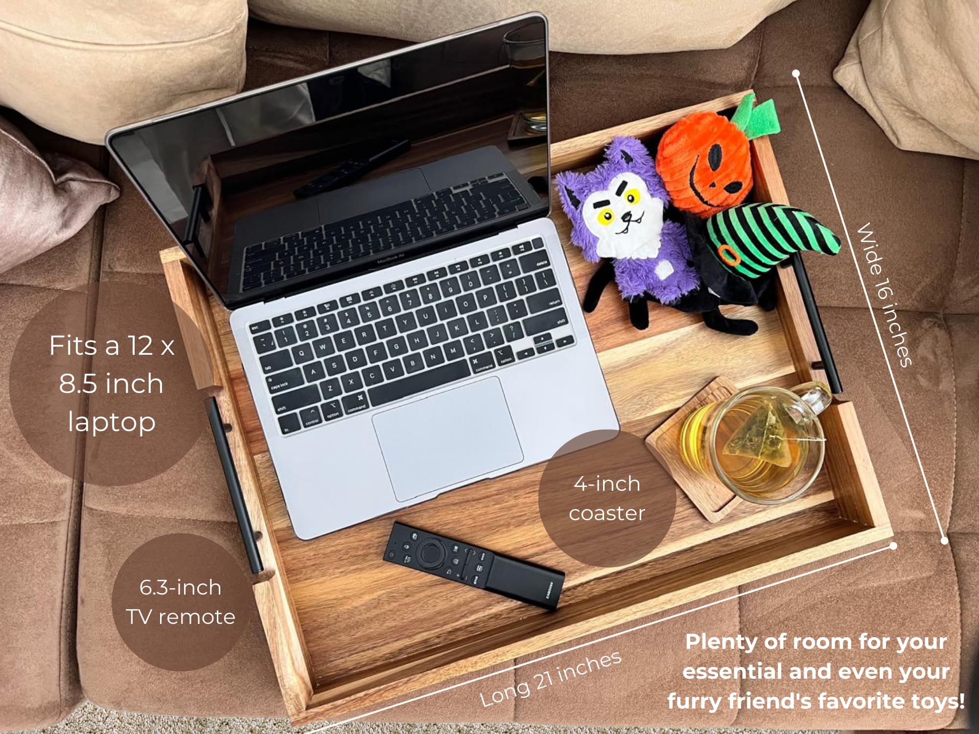 Bandeja otomana de madera de acacia para sala de estar, mesa de café grande de 21 pulgadas con asas y juego de 6 posavasos, perfecta para alimentos, bebidas, cocina y decoración del hogar