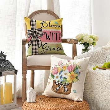 AVOIN colorlife Spring Flowers Tulip Basket Home Sweet Home Throw Pillow Covers, 18 x 18 Inch Bloom with Grace Truck Cushion Case Decorations for Sofa Couch Set of 4
