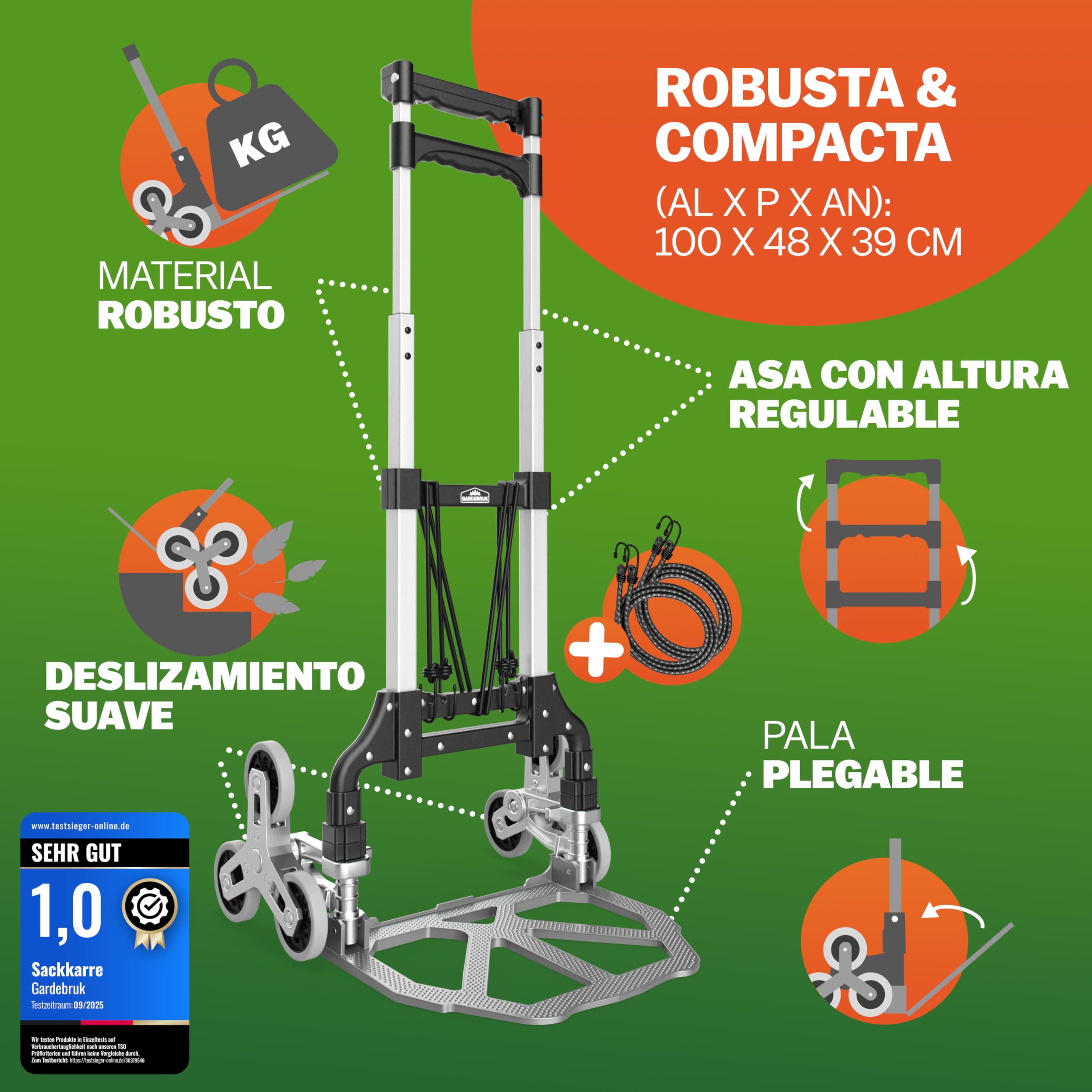 GARDEBRUK® Carretilla Plegable para Subir Escaleras hasta 80Kg Carro Transporte Mudanzas Aluminio Altura Regulable Ruedas Goma Maciza Incl. Guantes y Cuerdas Elásticas