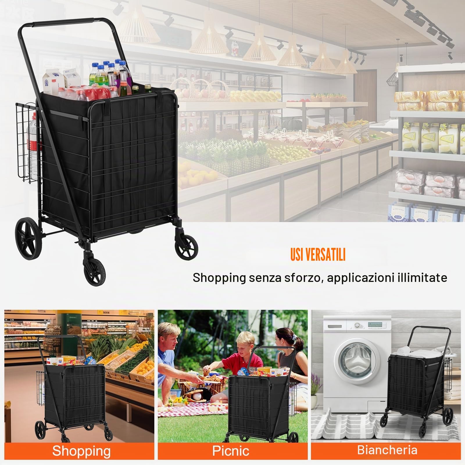 VEVOR Carrello Portabiancheria con 4 Ruote Cesto per Lavanderia Portabiancheria con Cesto Posteriore Portaoggetti Carico Max. 150,5 kg, Cestino Dimensioni Generali 638 x 662 x 1053 mm
