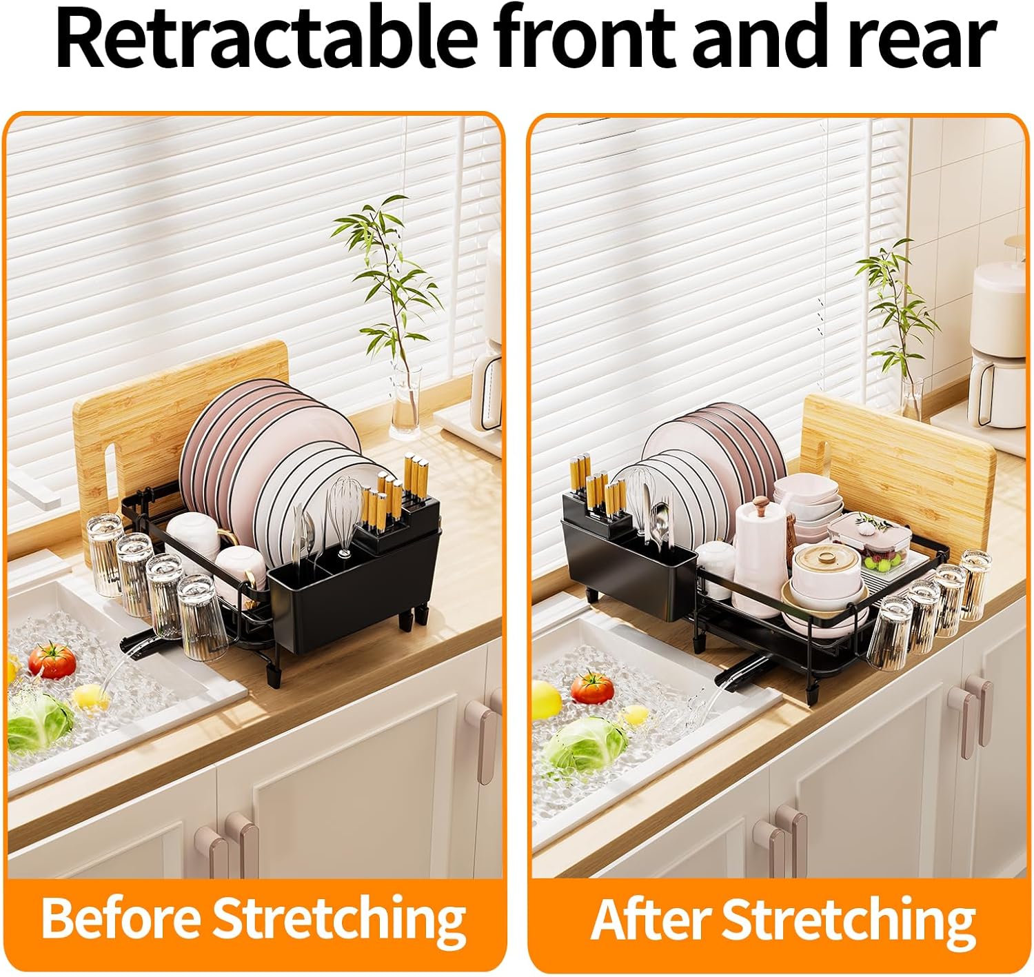 Extendable Dish Rack - a Rust-Resistant Dish Rack Suitable for Kitchen countertops, Featuring Adjustable Support Legs, a Cutlery Rack, and a Removable Drain Tray.