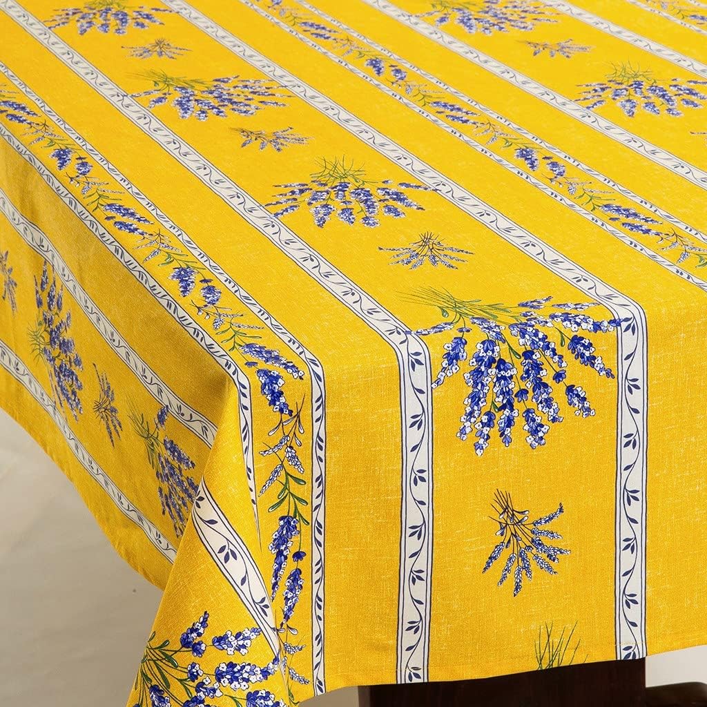 Amelie Michel Wipe-Clean French Tablecloth in Valensole Lavender, Yellow | Authentic French Acrylic-Coated 100% Cotton Fabric | Easy Care, Spill Proof [70" Round]