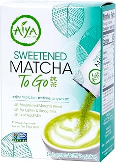 Aiya Japanese Sweetened Matcha Powder to Go Sticks - Ceremonial Grade, Vegan-Friendly, Gluten-Free - 8 Individually Packed Single-Serving Sticks for Freshness and Convenience
