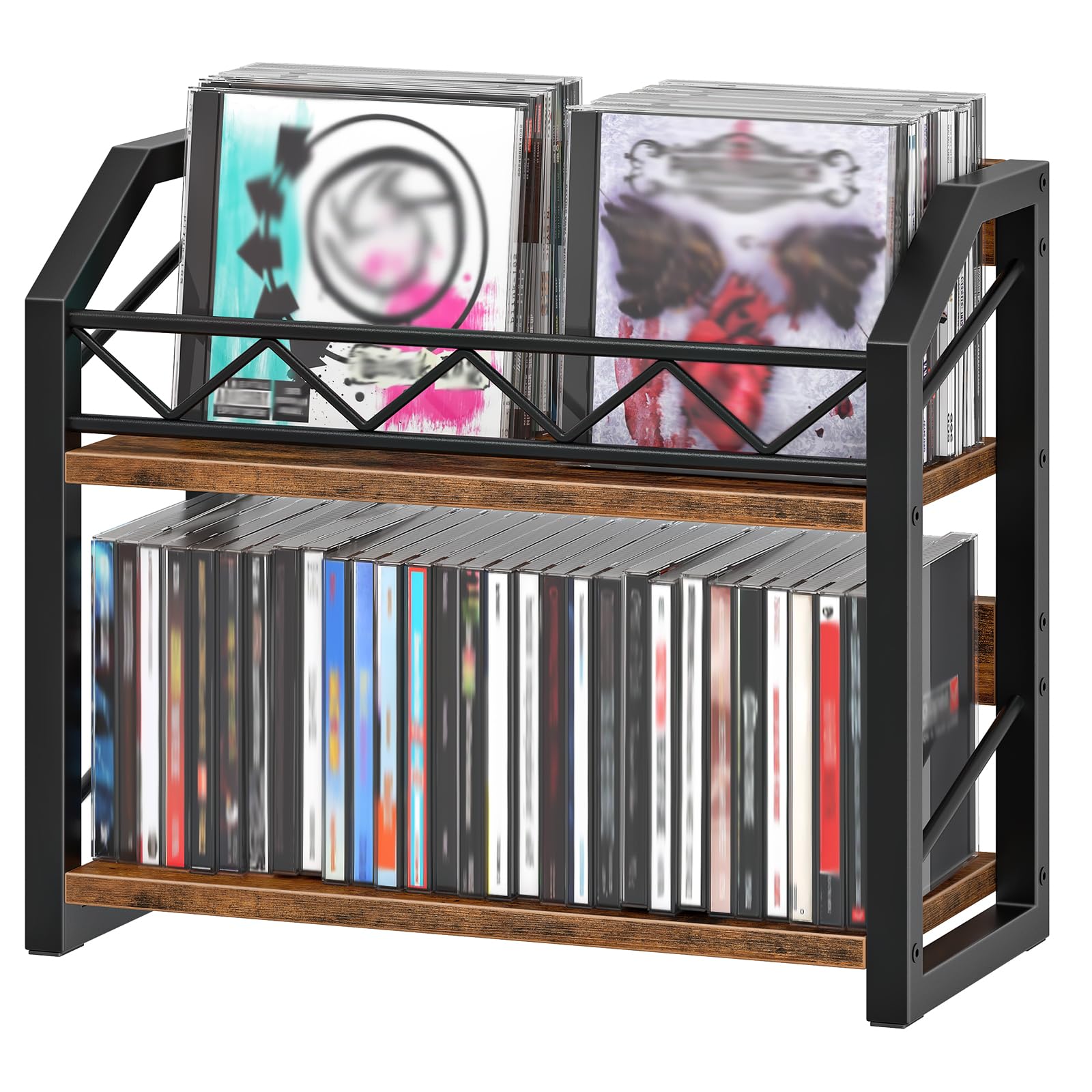 HOOBRO 2-Tier CD Storage, CD Rack with Non-Slip Feet, Holds up to 55 DVDs, CD/DVD Holder, Space-Saving Desktop Organiser, Rustic Brown and Black EBF22CJ01