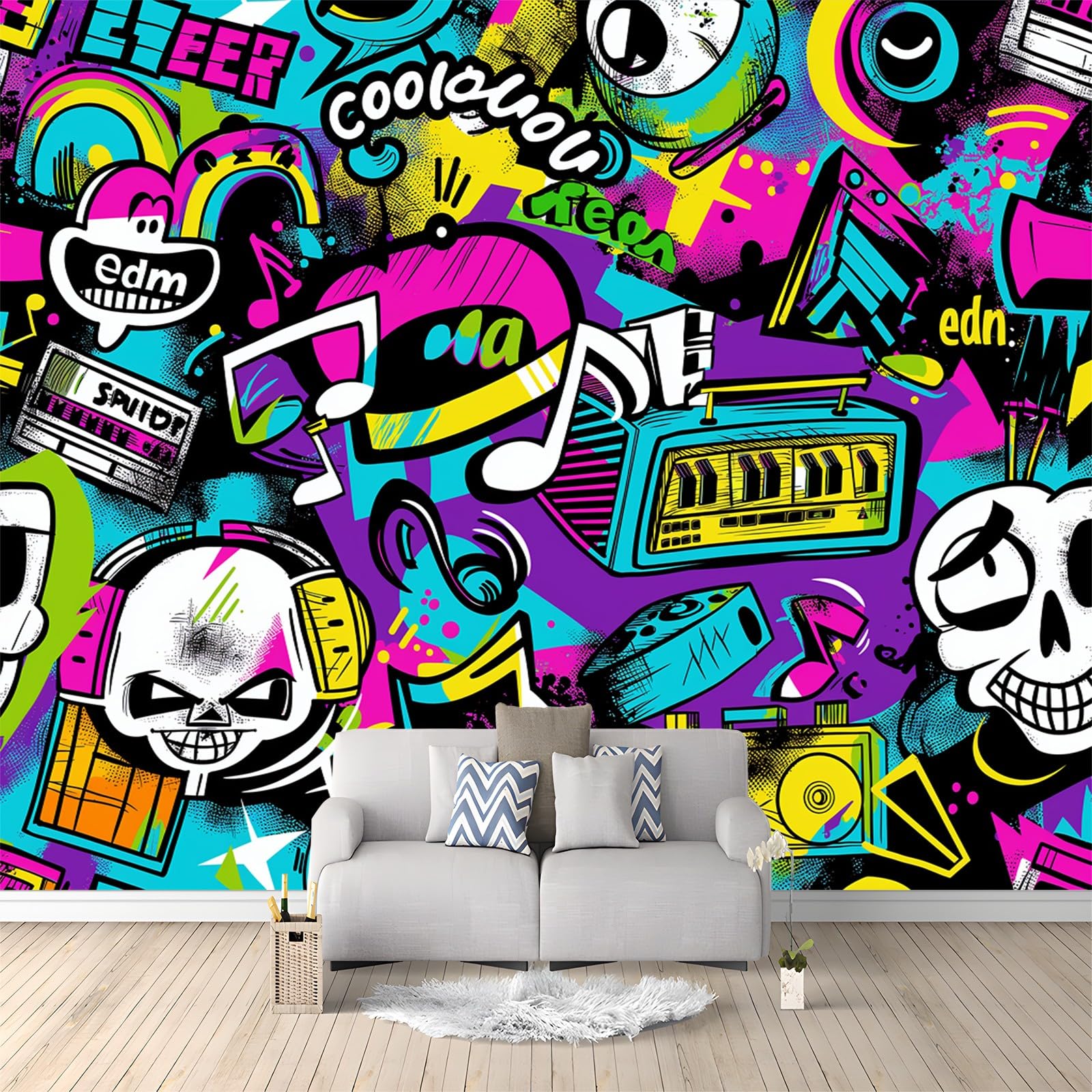 Fotomurale Carta da parati Graffiti Cultura Hip-Hop Elementi Musicali 300x210 cm Fotomurali Murale 3D Poster Gigante Moderna, Carta da Parati Decora per Camera Letto, Soggiorno, Stanza dei Bambini