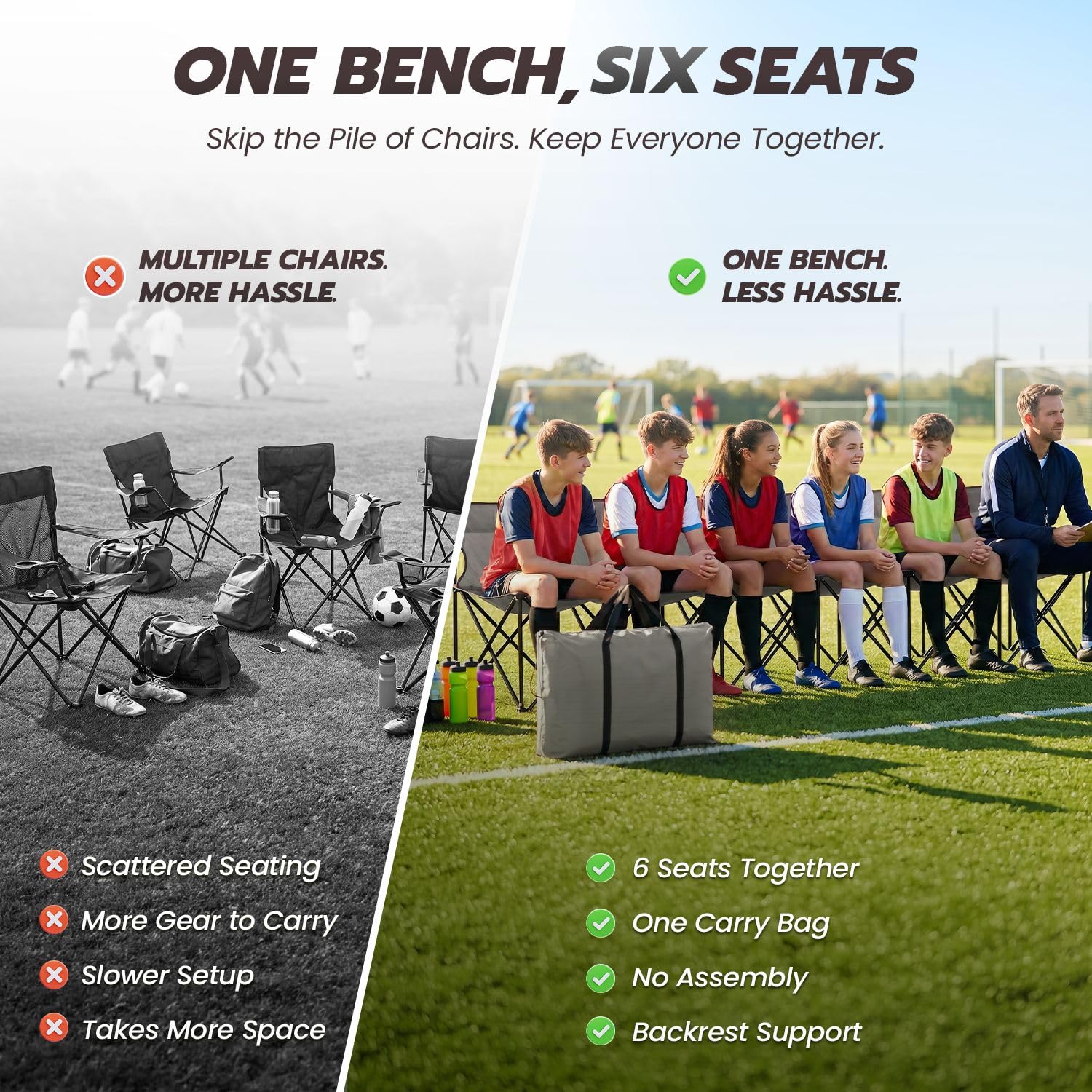 Flexzion Panca pieghevole portatile, 6 posti, panca da calcio pieghevole, panca portatile per Bleacher, campeggio, con schienale e borsa per il trasporto, grigio