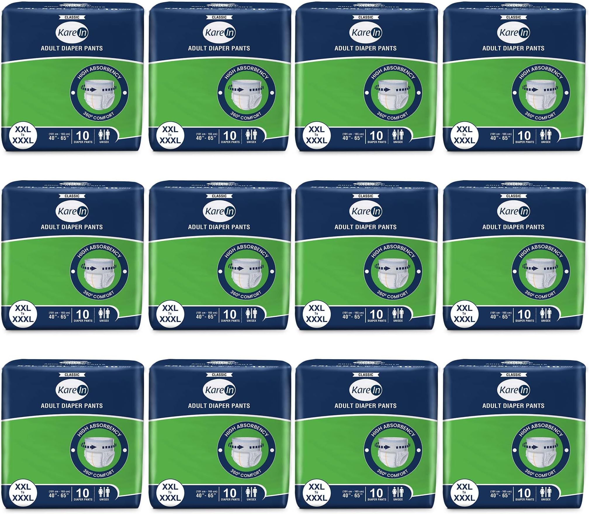 KareIn Classic Adult Diaper Pants, XXL-XXXL, 101-165 Cm (40"- 65"), 120 Count, Unisex, Leakproof, Elastic Waist, Wetness Indicator