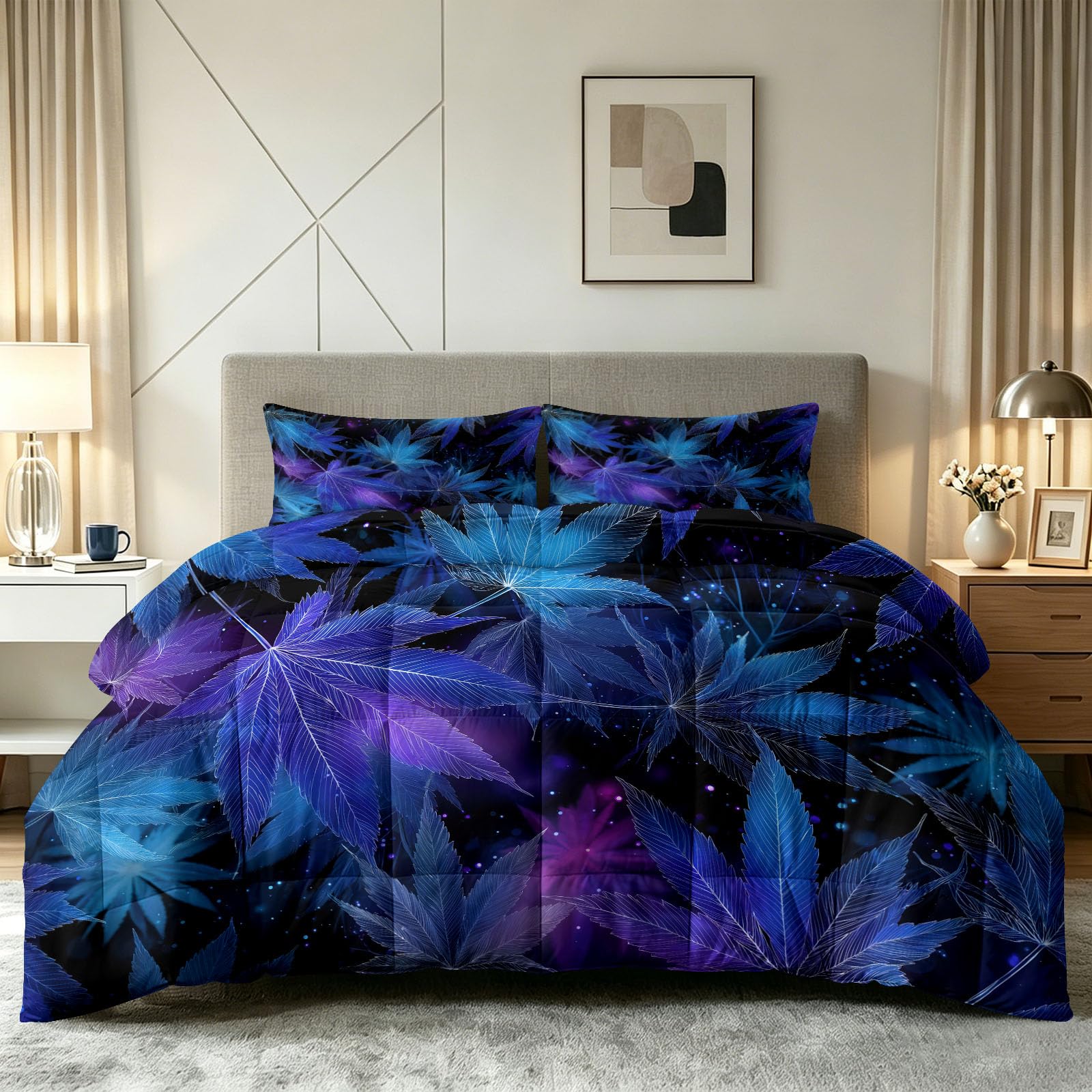 Générique Fantastico Misterioso Trapunta Cielo stellato Foglie Neon Trapunta Senza Fodera 140x200 cm 4 Stagioni Cooling, Trapuntato Morbido, Lavabile con 2 federe