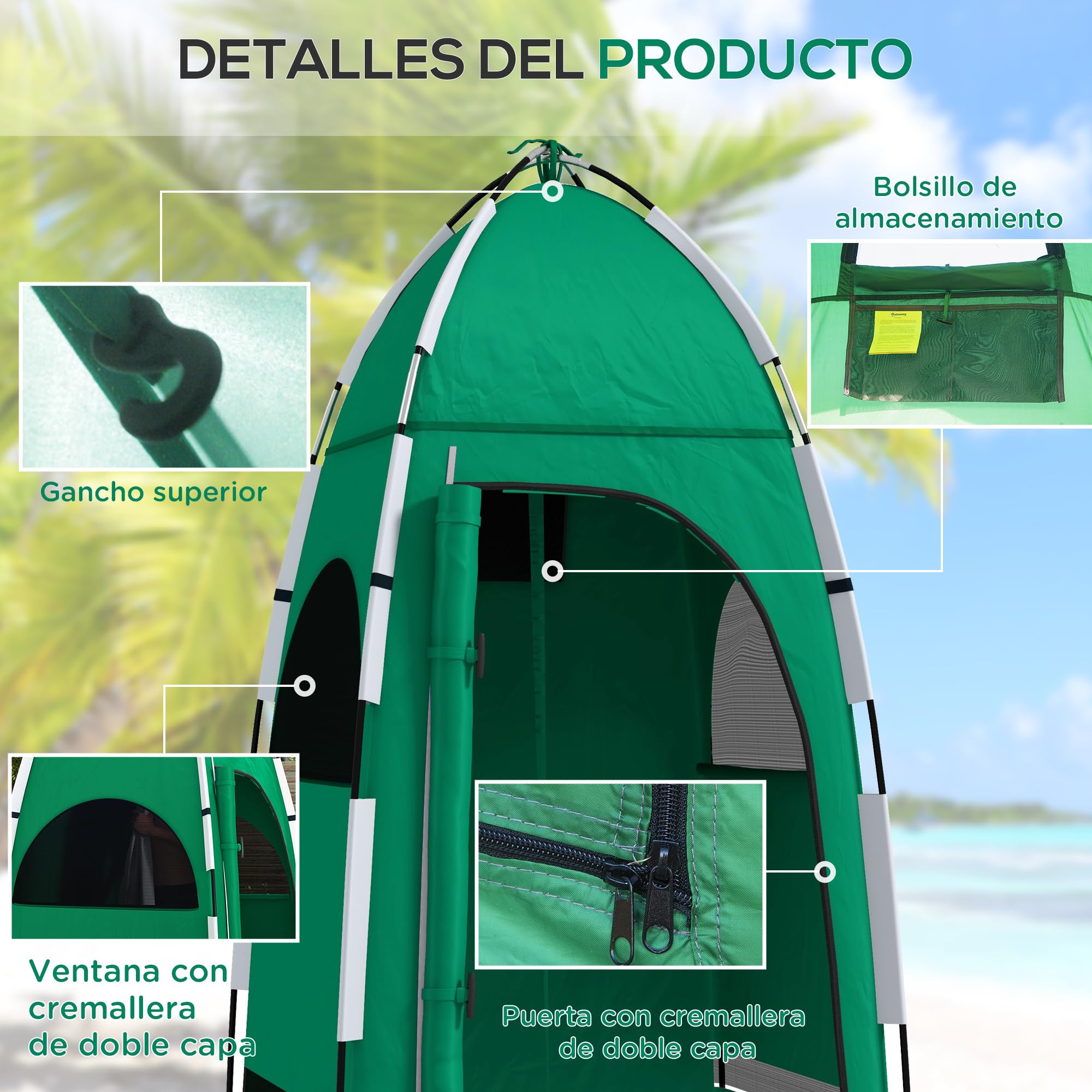 Outsunny Tienda de Campaña Portátil Ducha UPF30+ 122x122x213 cm Verde