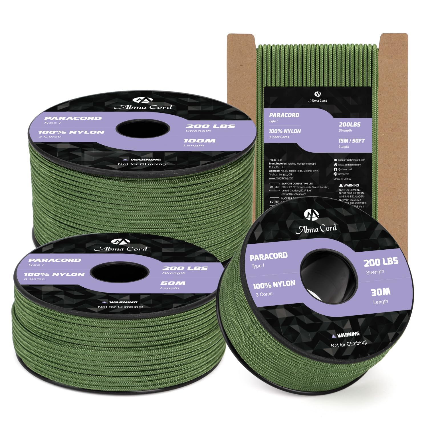 Abma Cord 2mm Paracord 100m Nylon Rope 3 Strands Type I Cord for DIY, Camping, Outdoor - Max. 90kg (200lbs) - Forest Green