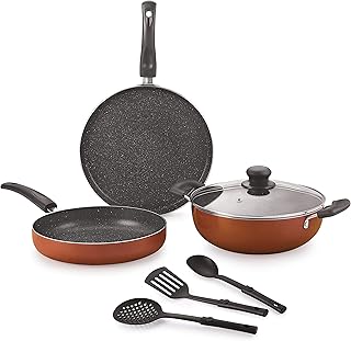 Nirlon Brownie Granite 7-Piece Aluminum Non Stick Cookware Combo Gift Set (Compatible with Gas & stovetops)