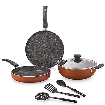 Nirlon Brownie Granite 7-Piece Aluminium Non Stick Cookware Gift Set with Glass Lid & 3 Spoon Brown (Compatible with All Gas & stovetops)