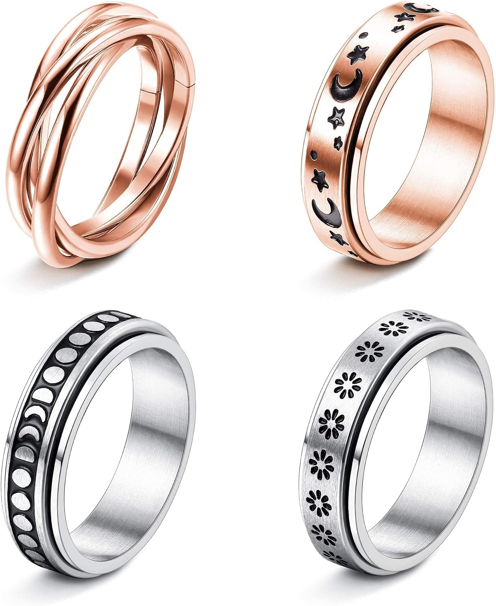 FUNRUN JEWELRY 4 Pcs Stainless Steel Spinner Ring for Women Mens Fidget Band Rings Moon Star Celtic Stress Relieving Wide Wedding Promise Rings Set