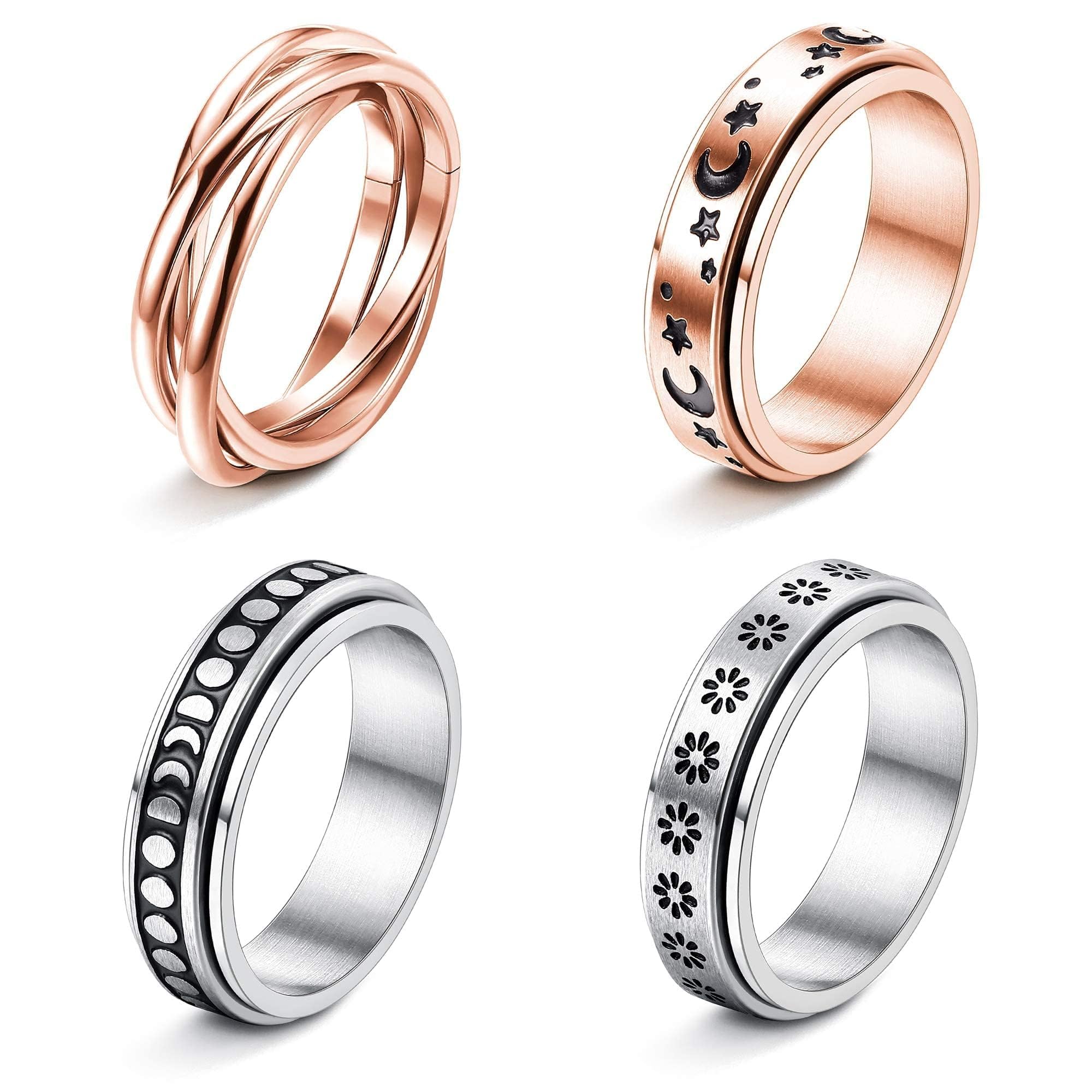 FUNRUN JEWELRY Stainless Steel Fidget Anxiety Ring for Women Men Fidget Spinner Rings Moon Star Celtic Stress Relieving Spinning Ring Wedding Band