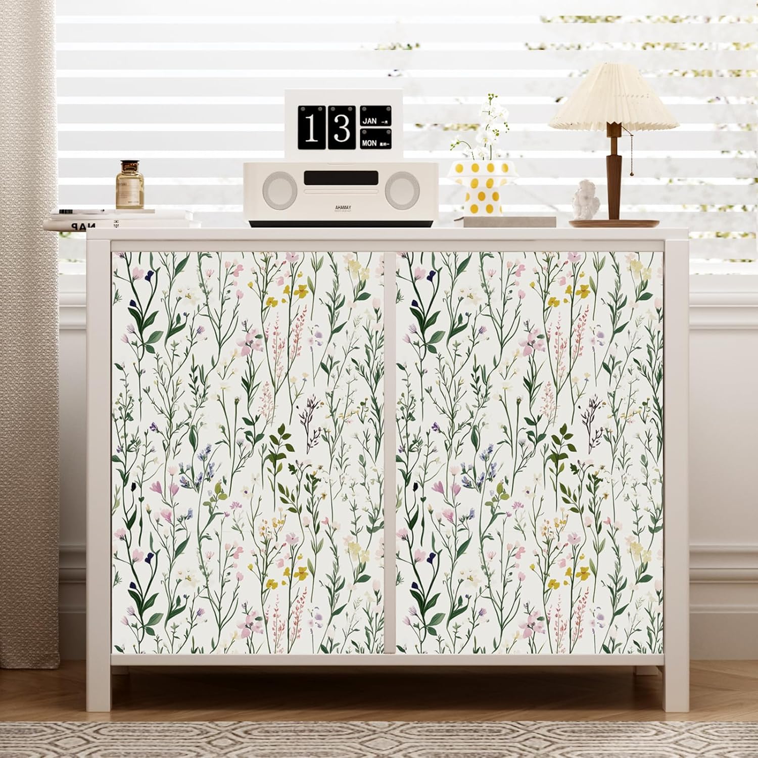FUKU MON Boho Vintage Green Floral Textured Wallpaper Peel and Stick Modern Contact Paper Wildflowers Botanical Wall Paper Removable Self-Adhesive Renter Friendly for Bedroom Home Decor15.7 x118