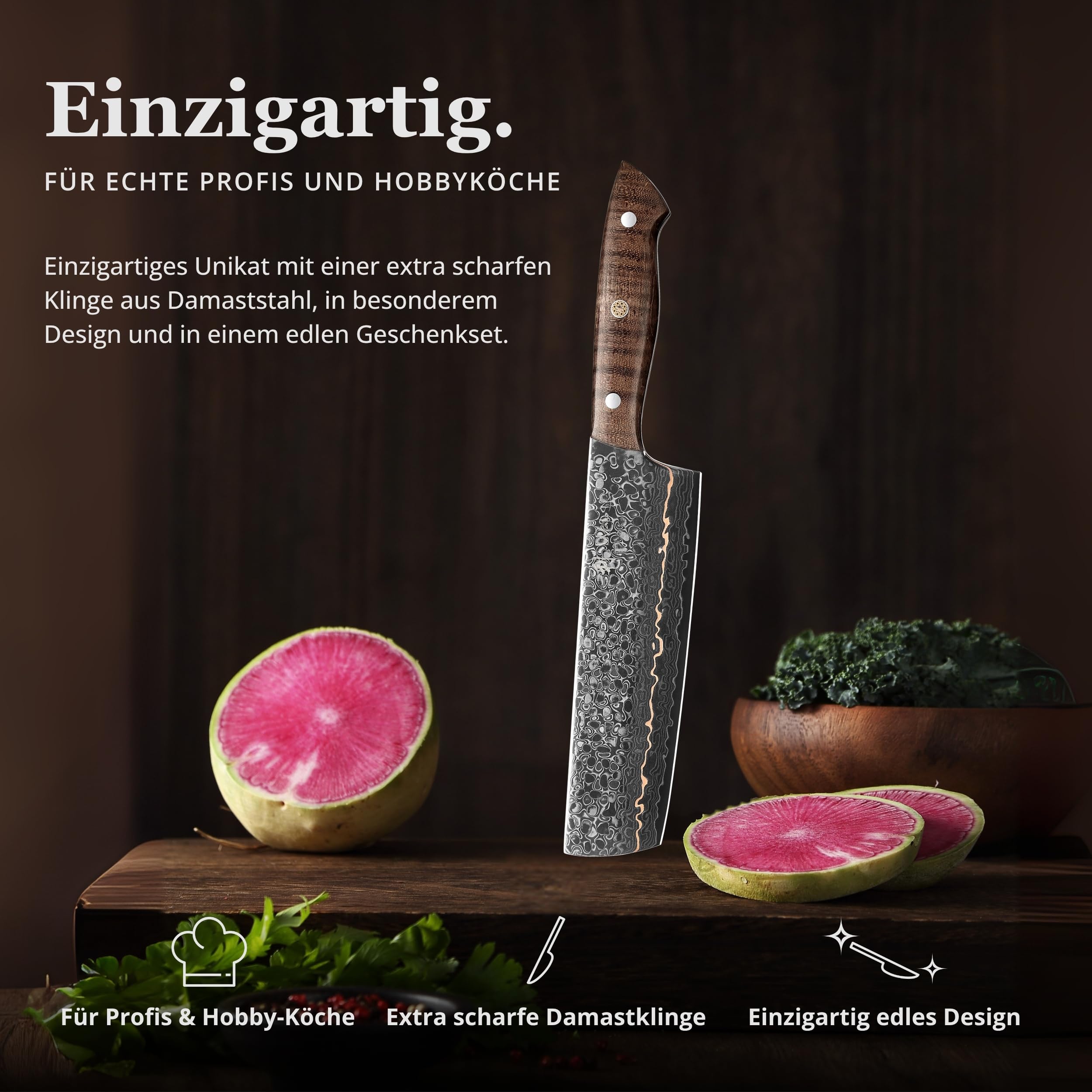 Wakoli Kawa Nakirimesser 18 cm mit Kupfereinlage und Ahornwurzelholzgriff