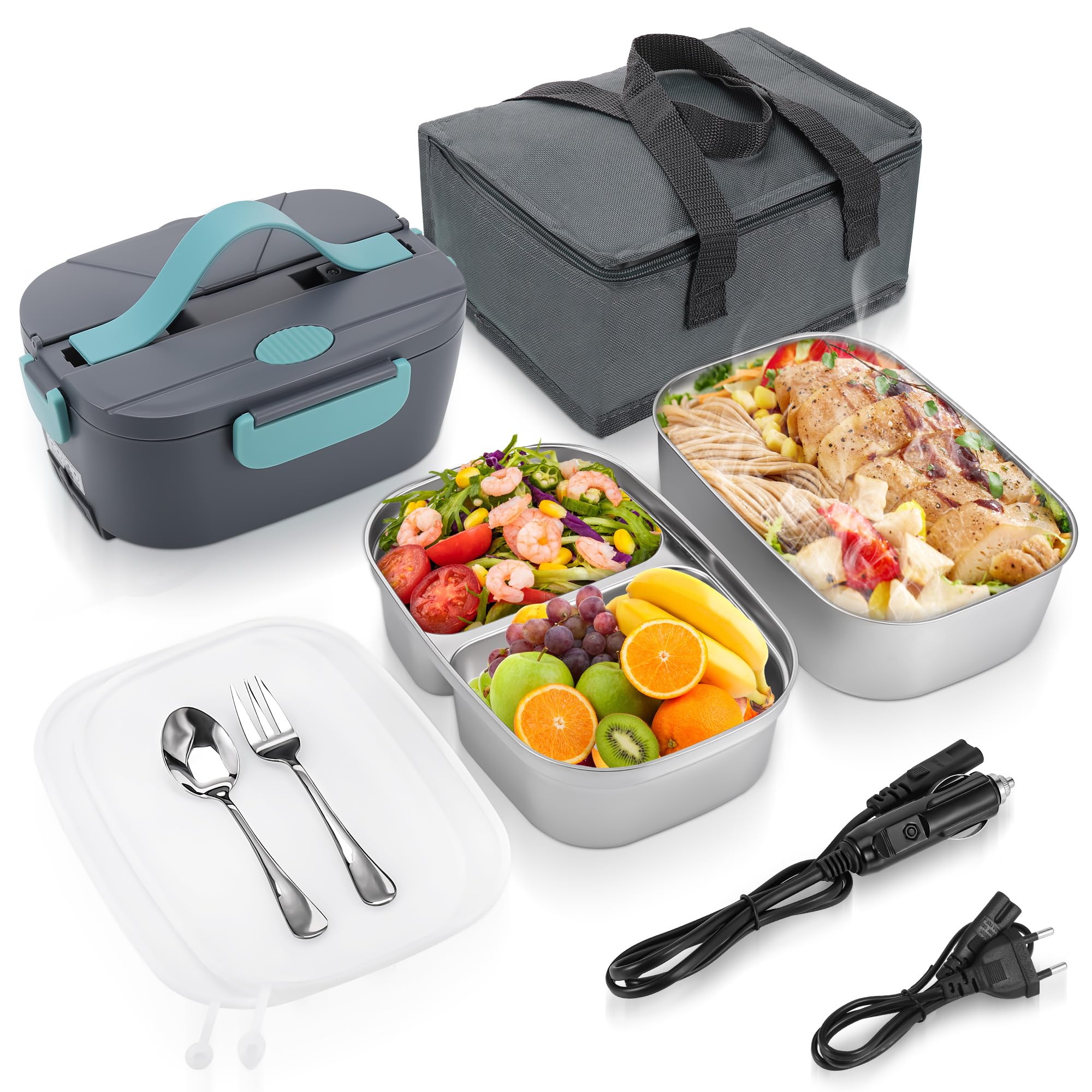 80W Scaldavivande Elettrico Portatile, Porta Pranzo Riscaldabile e Termico con 2×1.5L Contenitori in Acciaio Inox, 12V/24V/110V~240V Lunch Box Elettrico con Posate per Auto, Camion e Ufficio