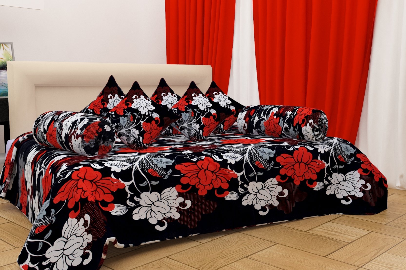 8 Piece 144 TC Microfibre Diwan Set - Floral, Multicolour-image-42