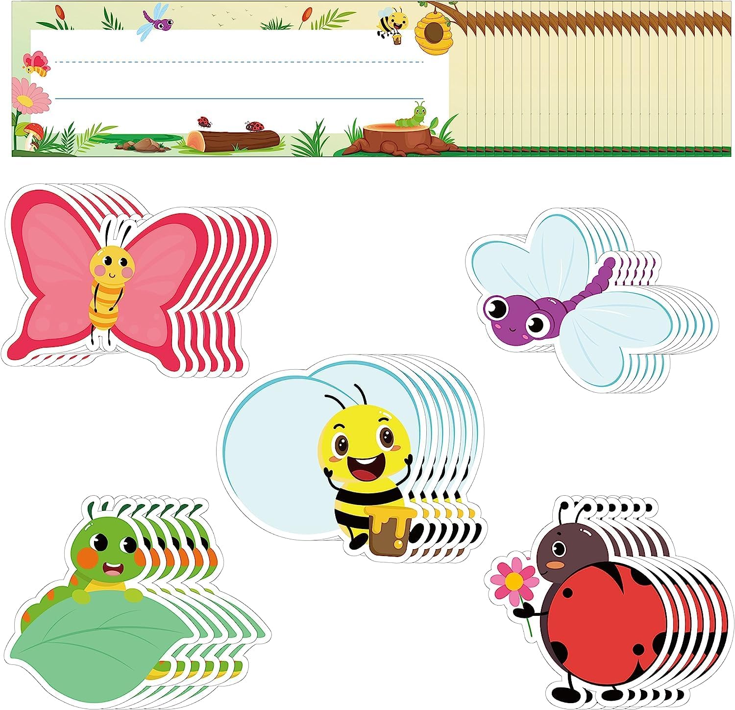 BeYumi 60Pcs Insects Cutouts Nameplates Classroom Accents Name Tags Back to School Butterfly Ladybug Bee Dragonfly Caterpillar Bulletin Board Decoration Set for Elementary Preschool Kindergarten