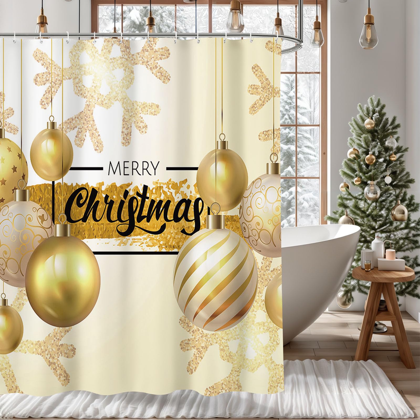MEHOFOND Merry Christmas Shower Curtain Gold Snowflake Shower Curtains for Bathroom Winter Bathroom Decor Washable Durable Fabric Shower Curtains