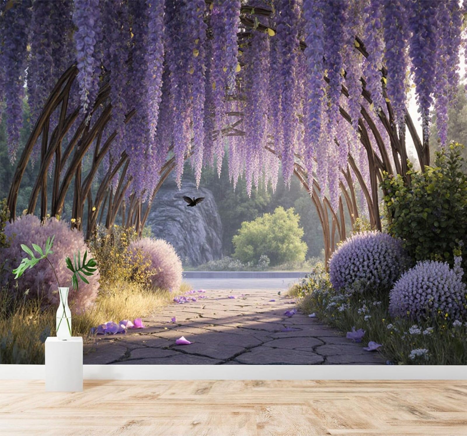 Tzxztt Purple Flowers Vines Tunnel Butterflies Garden Modern 3D Wallpaper Premium Textured Silk Neutral Tones Material Ideal for Living Room Bedroom-400cm×280cm