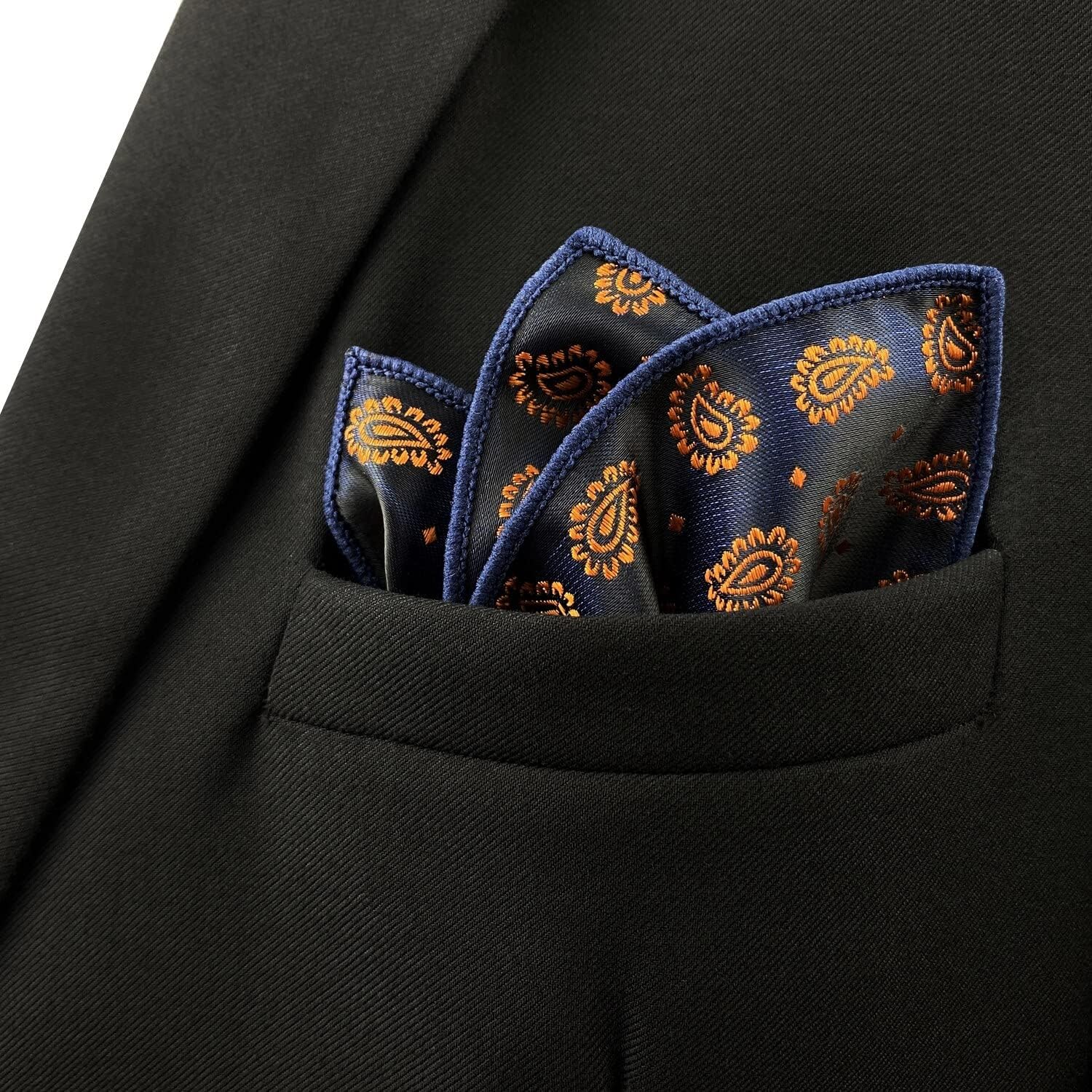 S&W SHLAX&WING Pocket Squares for Men Blue with Orange Paisley Wedding Gift