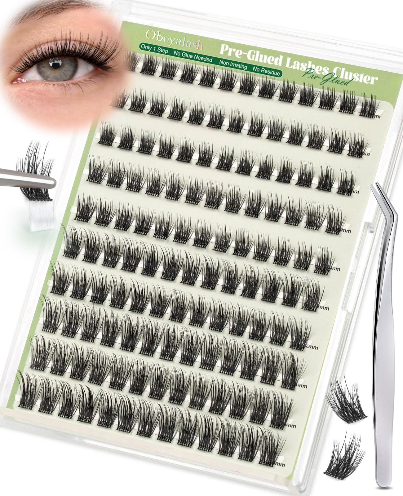 Obeyalash Ciglissime Press e Go Autoadesive Lashes - Ciglia Finte Ciuffetti Naturali Pre Glue Senza Colla Kit DIY con Pinzette per Principianti, 8-14mm Extension per Occhi di Gatto (G-09)