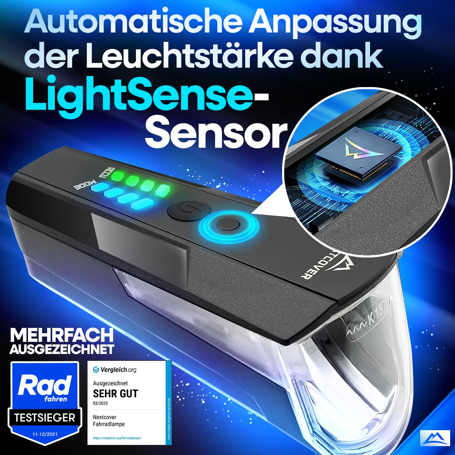 NEXTCOVER® Set di luci per bicicletta con sensore [LightSensse] e durata della batteria 11 ore, ricaricabile tramite USB e impermeabile, approvato StVZO, luce anteriore a LED per bicicletta e fanale