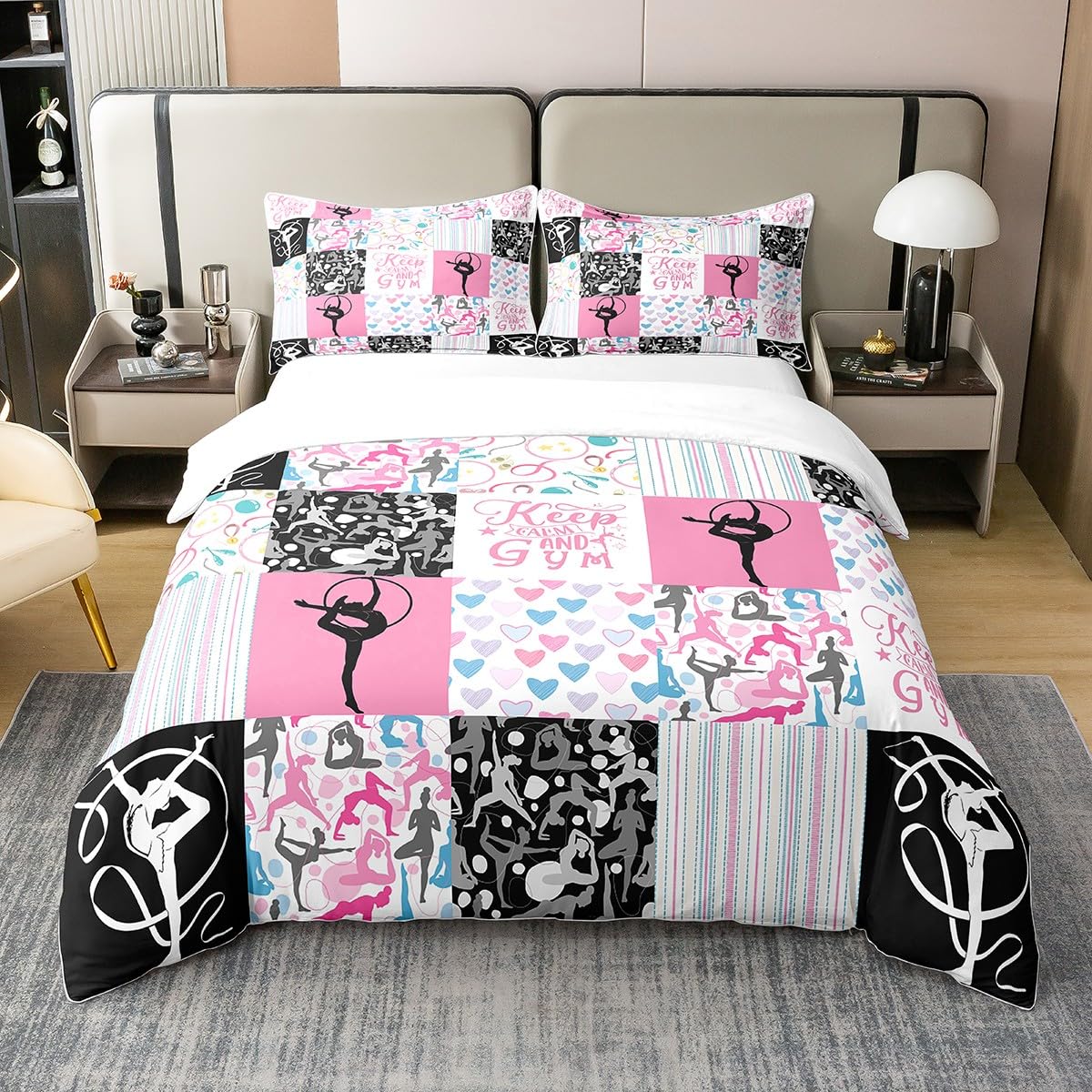 Homemissing Gymnastics Bedding Duvet Cover Set Single Kids Gymnastics Lovers Bedding Set Gymnast Sports Comforter Cover Set for Room Decor Plaid Grid Pink Bedspread Cover With 1 Pillow Case