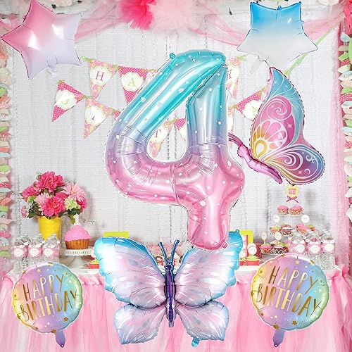 Miniatura 7 de Globos de mariposa para decoración de cumpleaños de 4 años para niñas, globos de aluminio de color rosa degradado, globo gigante de Mylar con el