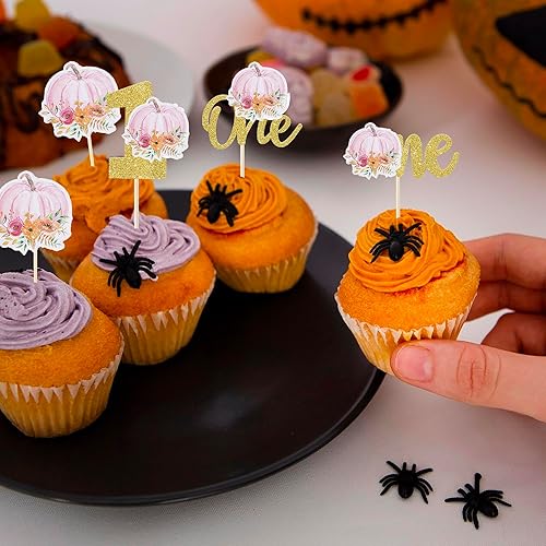 Miniatura 3 de Rsstarxi Paquete de 24 adornos para cupcakes de primer cumpleaños con diseño de calabaza para el primer cumpleaños, decoración de pastel de calabaza