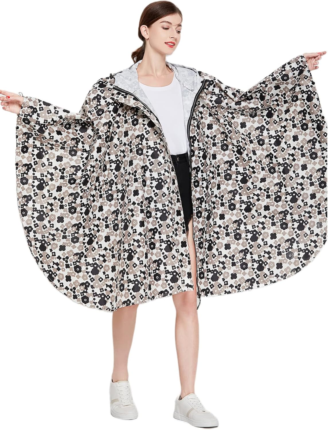 Womens Rain poncho Waterproof Raincoat Free Size with Hood Zipper Storage Pouch with Belt - Image 4