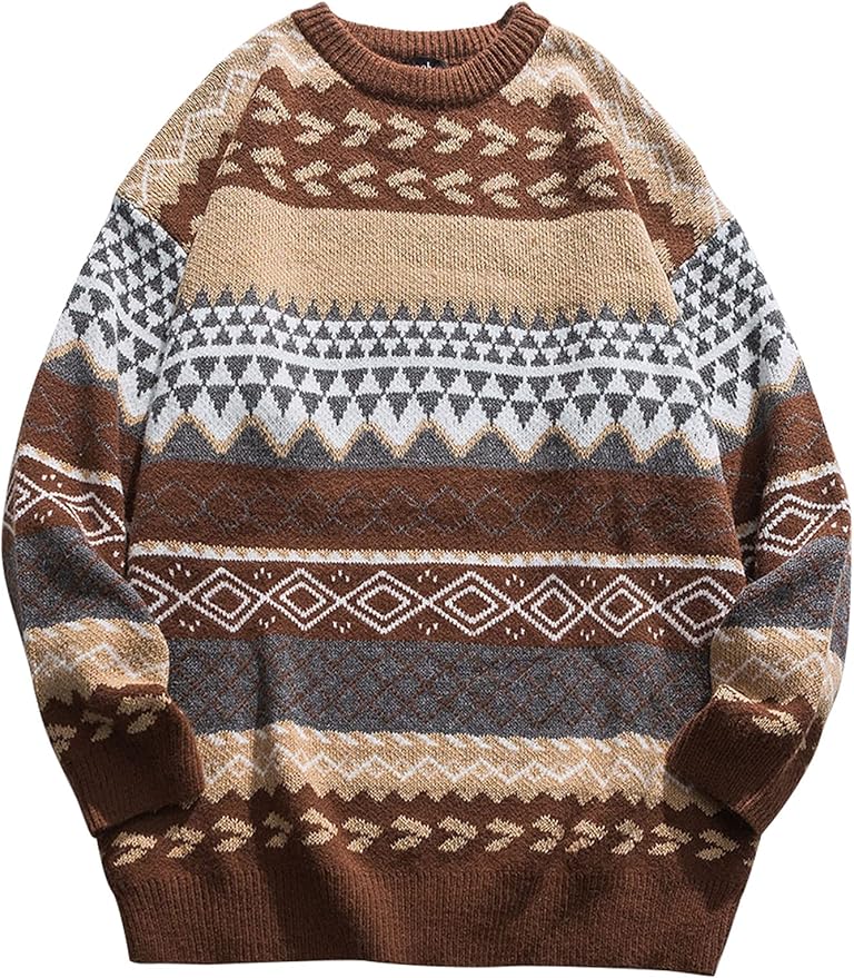 VDWIP Mens Knit Sweater Grandpa Vintage Knitted Sweaters Oversized Striped Spring Pullover Casual Long Sleeve Pullovers