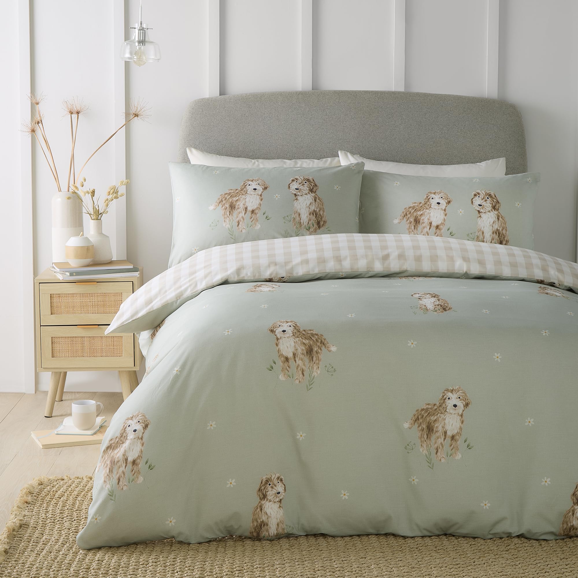 Housse de couette verte avec chiens 230x220 parure de lit King Size à carreaux Fusion Hattie