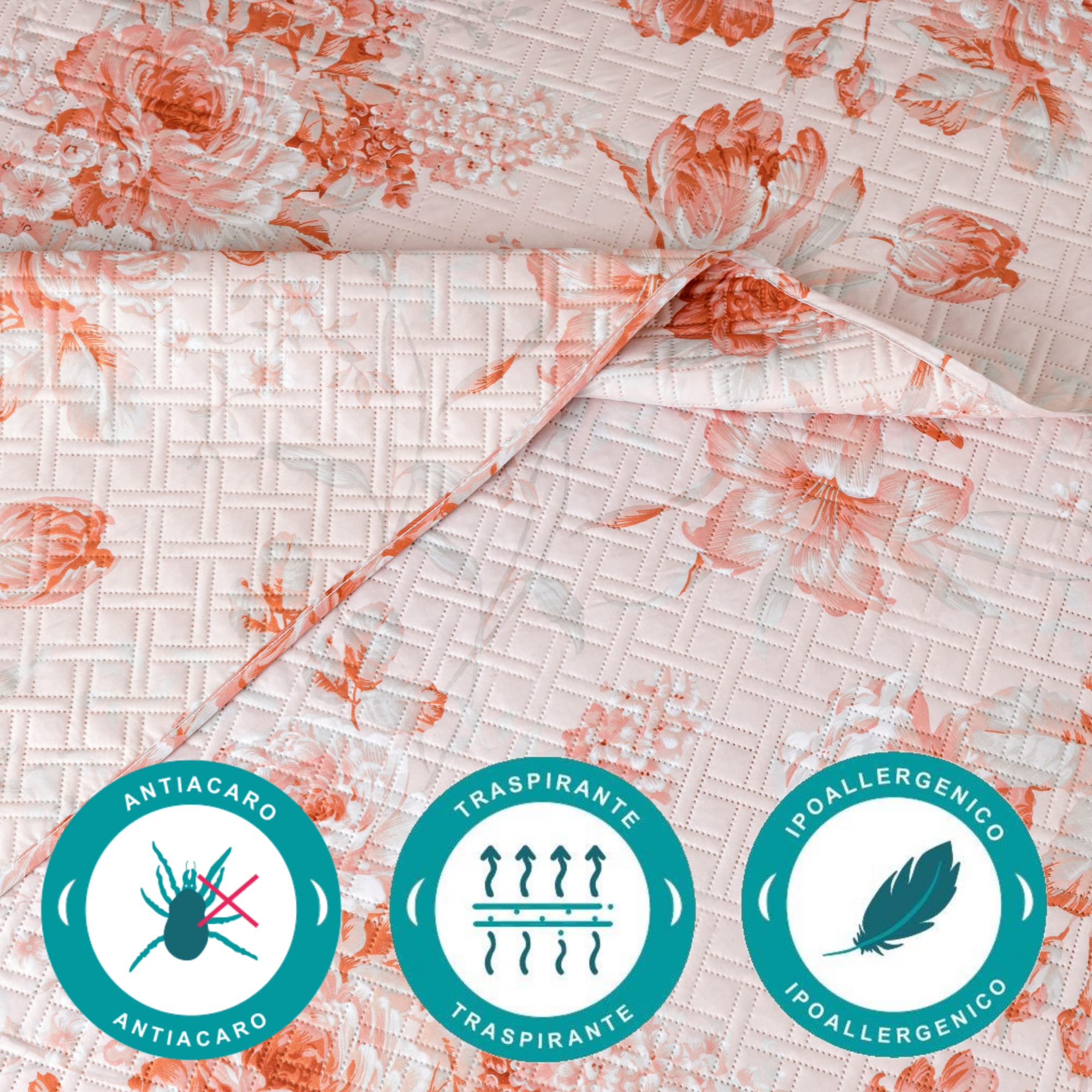 Baroni Home Trapuntino Copriletto Primaverile Estivo in Microfibra, Trapunta Estiva Matrimoniale 250x250 cm - Fiori Rosa
