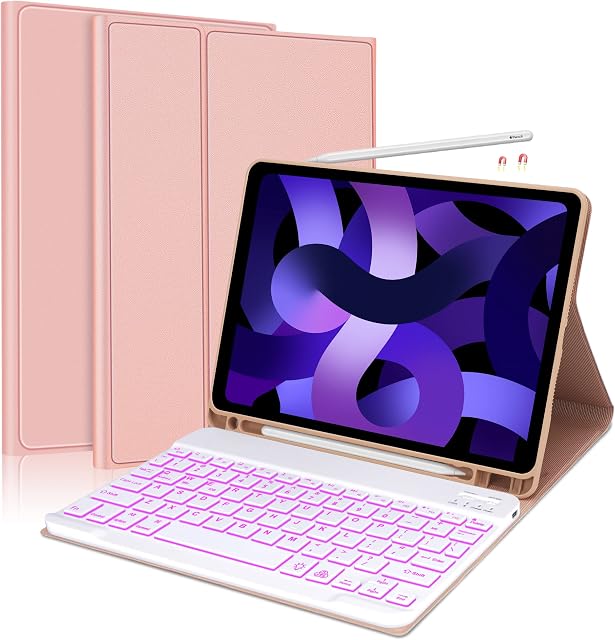 JADEMALL Keyboard Case for New iPad Air 5th/4th Generation, 7 Colors Backlit Detachable Wireless Bluetooth Keyboard, Slim Cover with Pencil Holder for iPad Pro 11/iPad Air 10.9 Inch 2022/2020,Pink