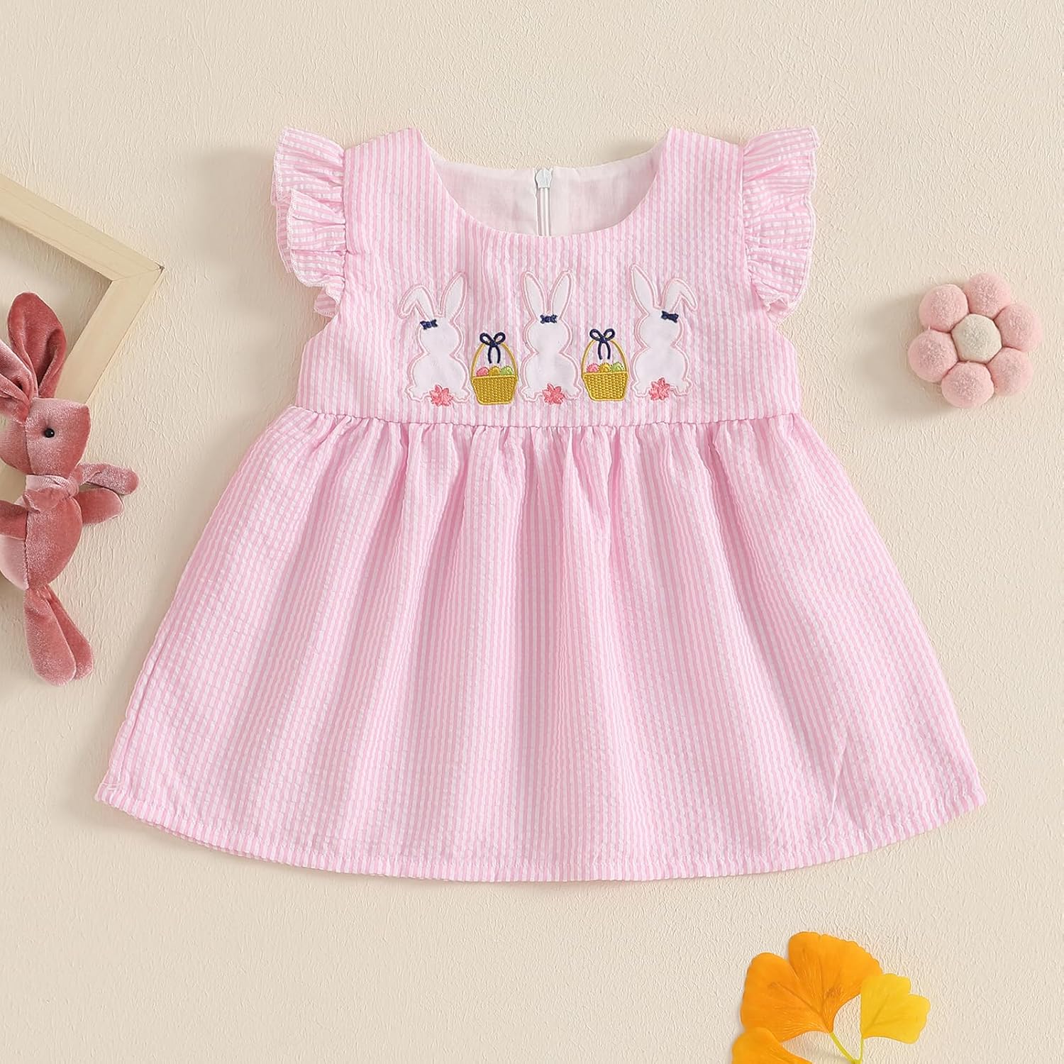 Easter Toddler Baby Girl Outfit Bunny Embroidery Ruffle Sleeveless Smocked Dresses Crewneck Dress Summer Clothes - Image 2